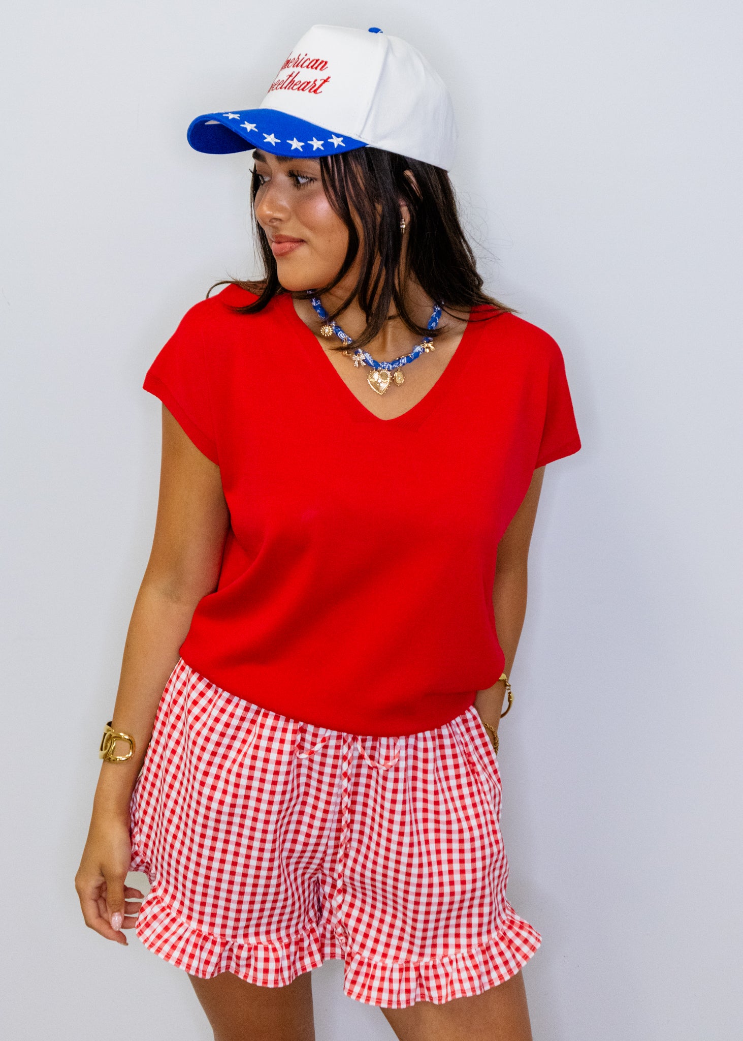 Red Gingham Flutter Hem Shorts