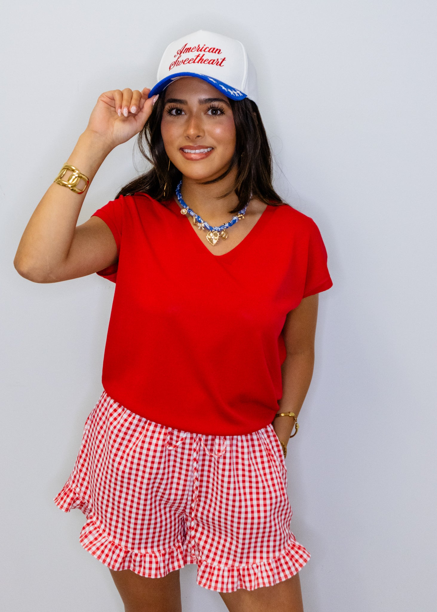 Red Gingham Flutter Hem Shorts