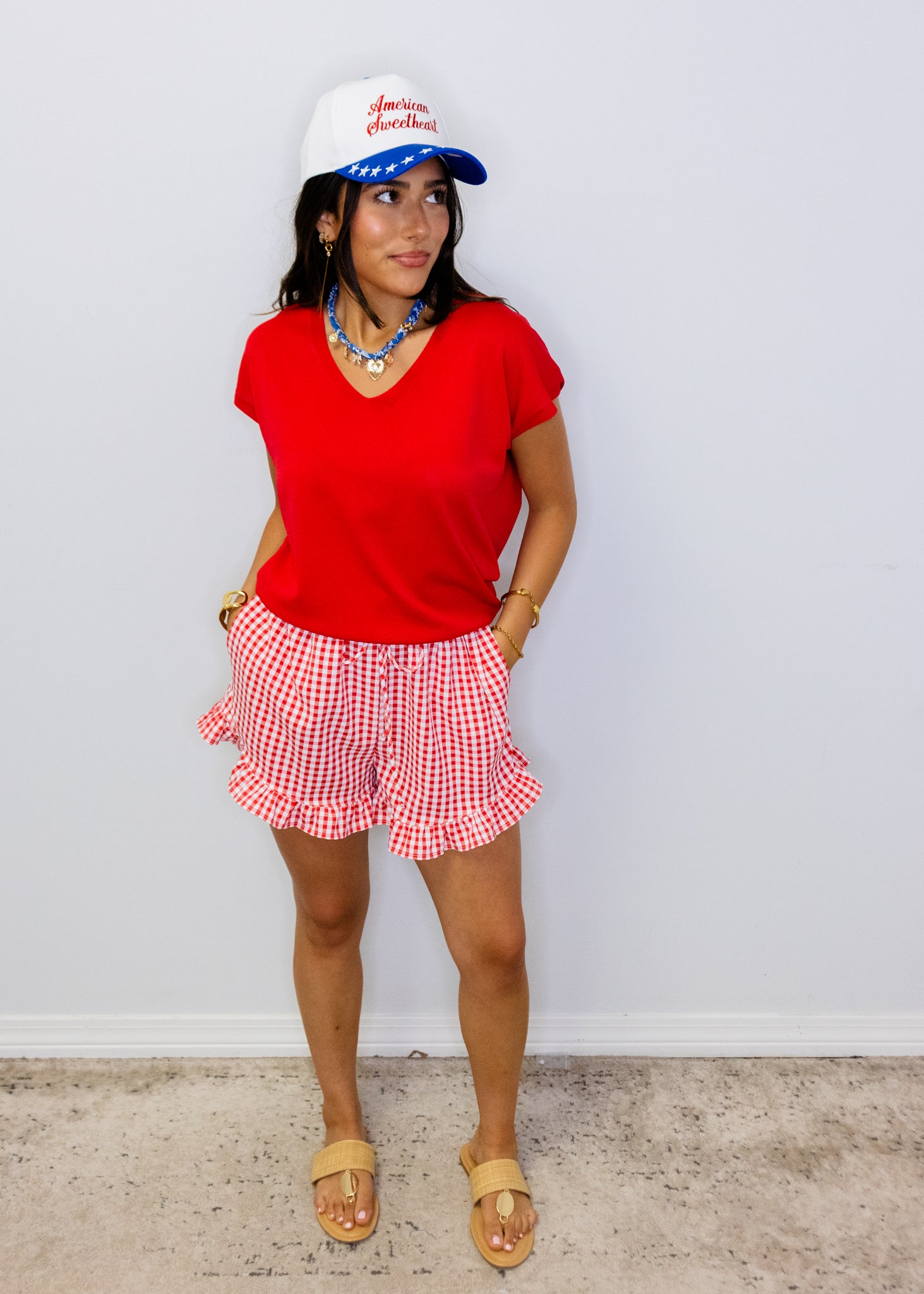 Red Gingham Flutter Hem Shorts