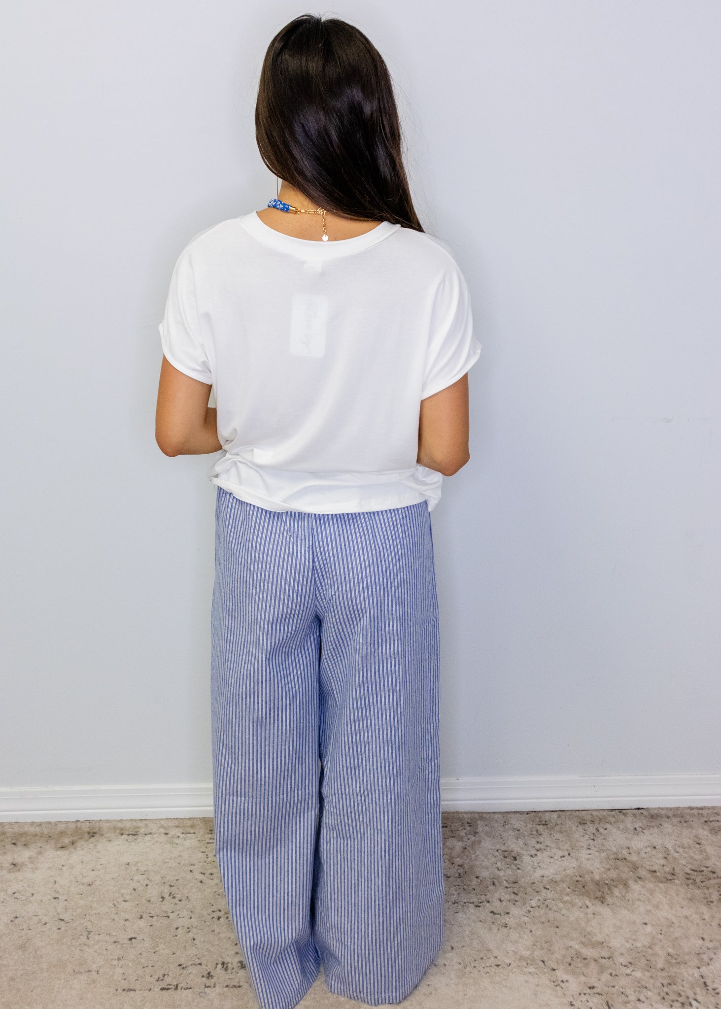 Denim Blue Pinstripe Wide Leg Pants