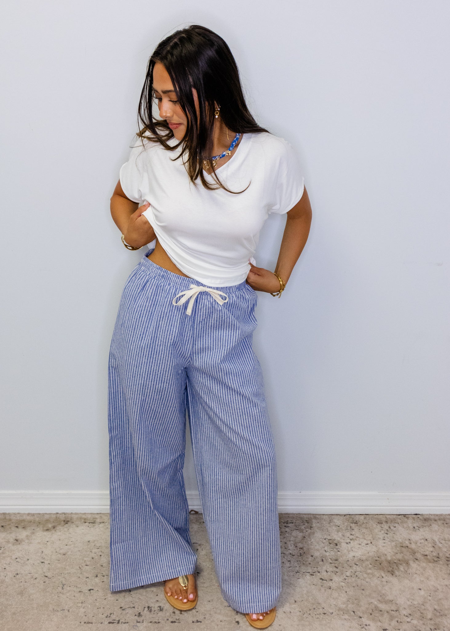 Denim Blue Pinstripe Wide Leg Pants