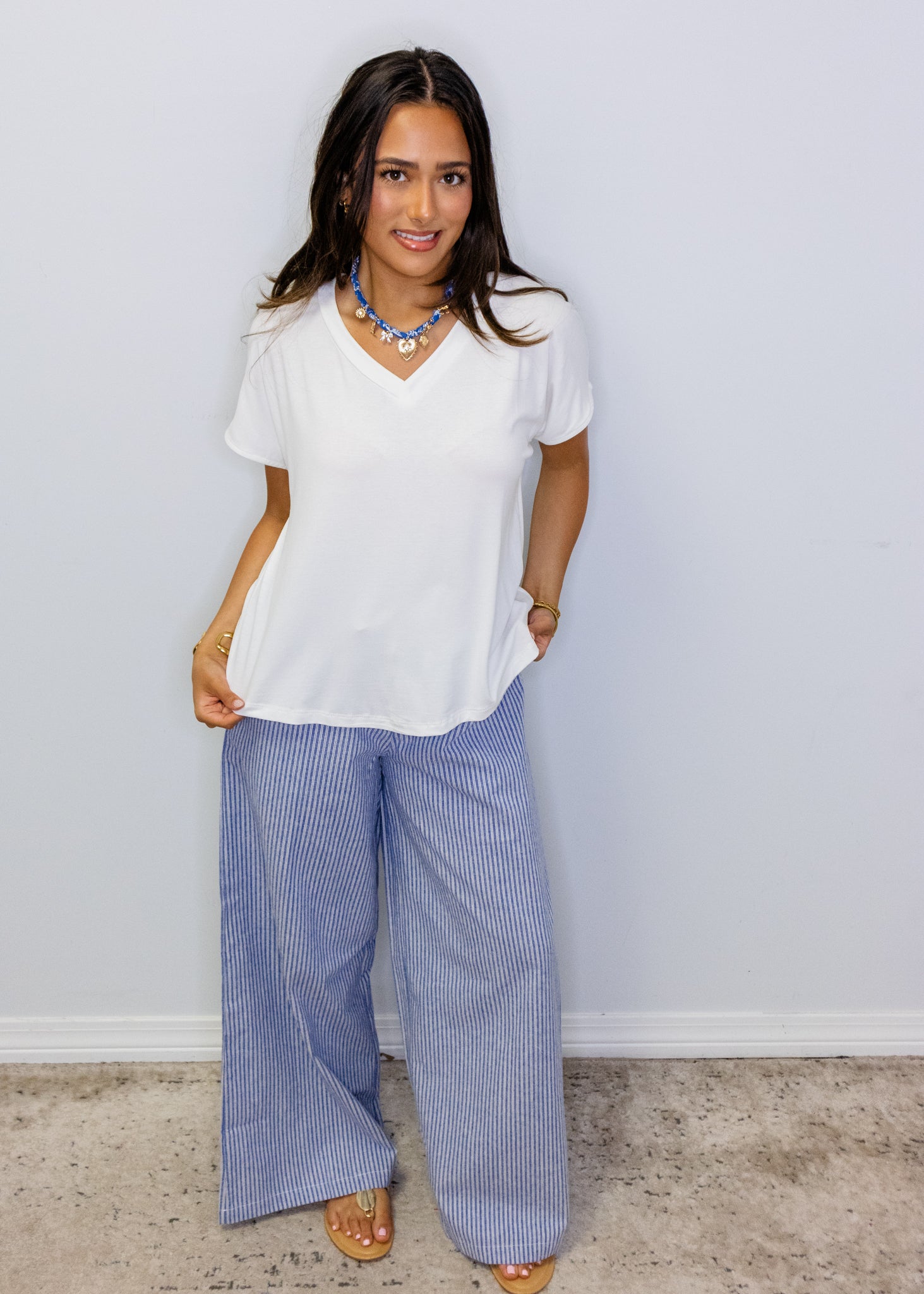 Denim Blue Pinstripe Wide Leg Pants