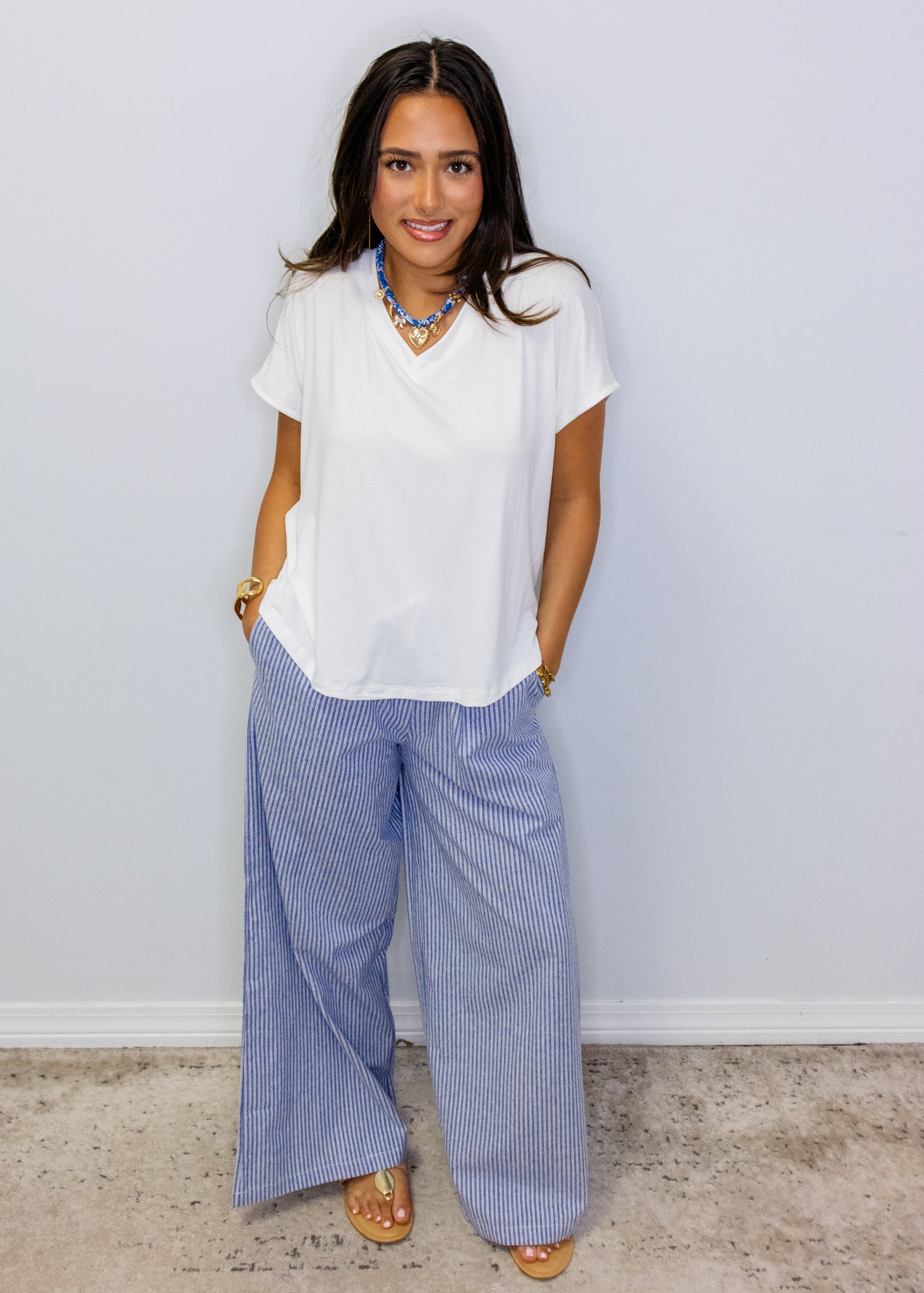 Denim Blue Pinstripe Wide Leg Pants