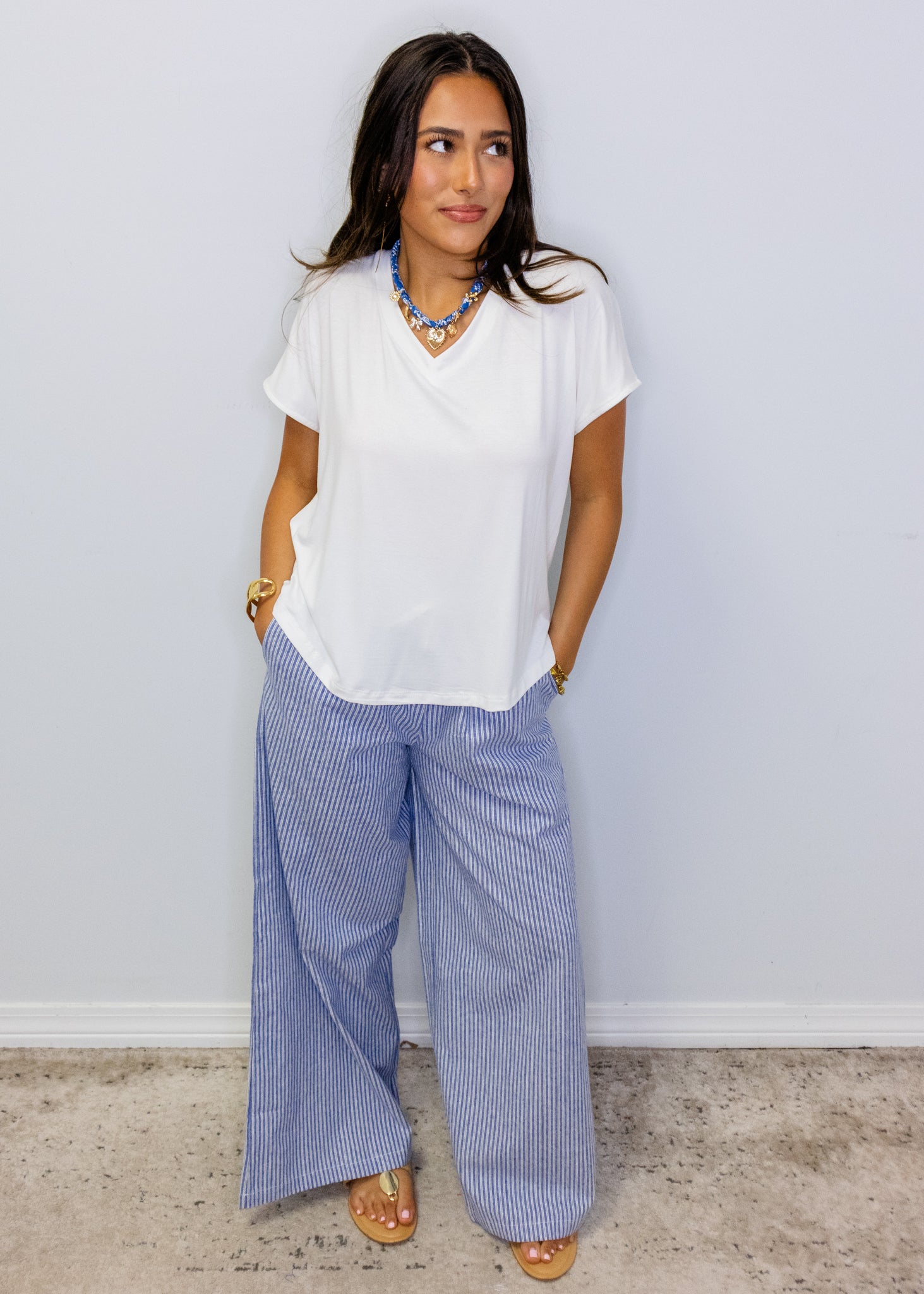 Denim Blue Pinstripe Wide Leg Pants