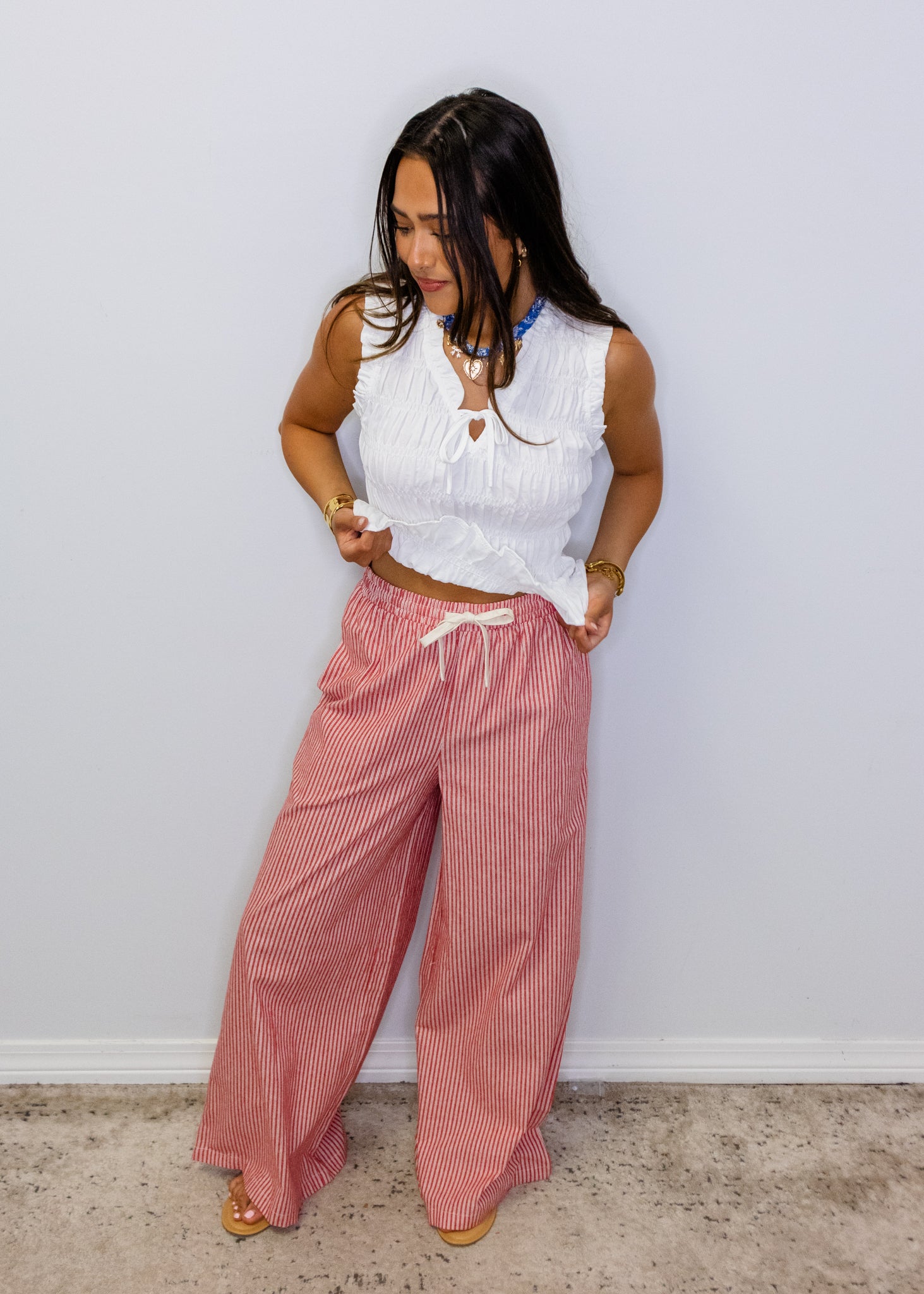 Red Pinstripe Wide Leg Pants