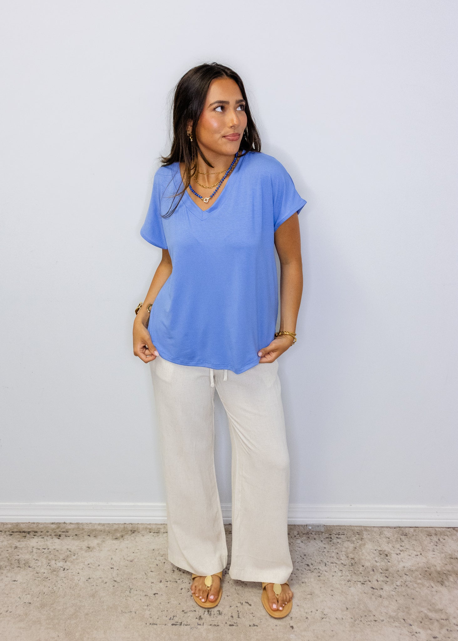 Blue Relaxed Fit V-Neck Top