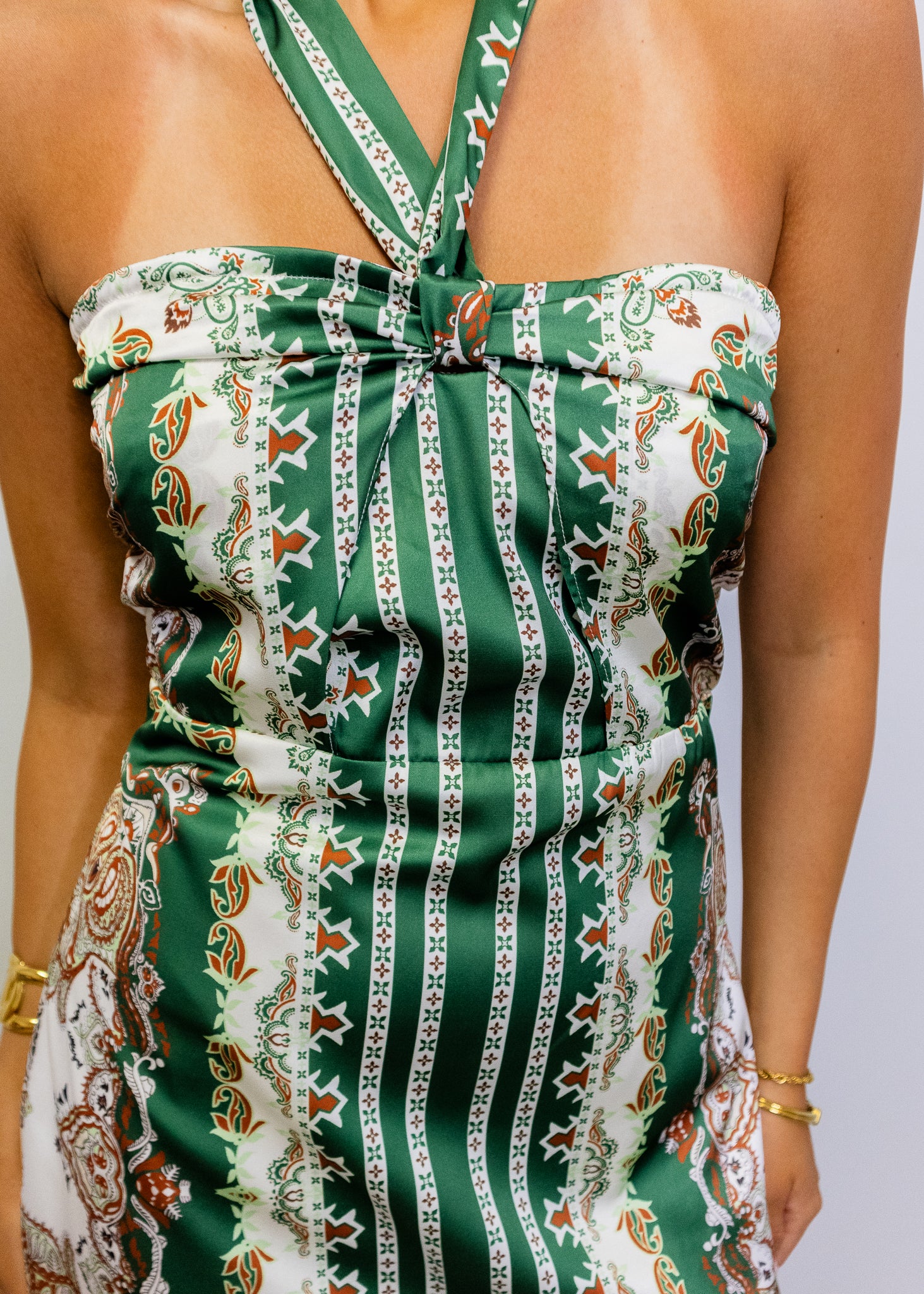 Green Scarf Print Halter Dress
