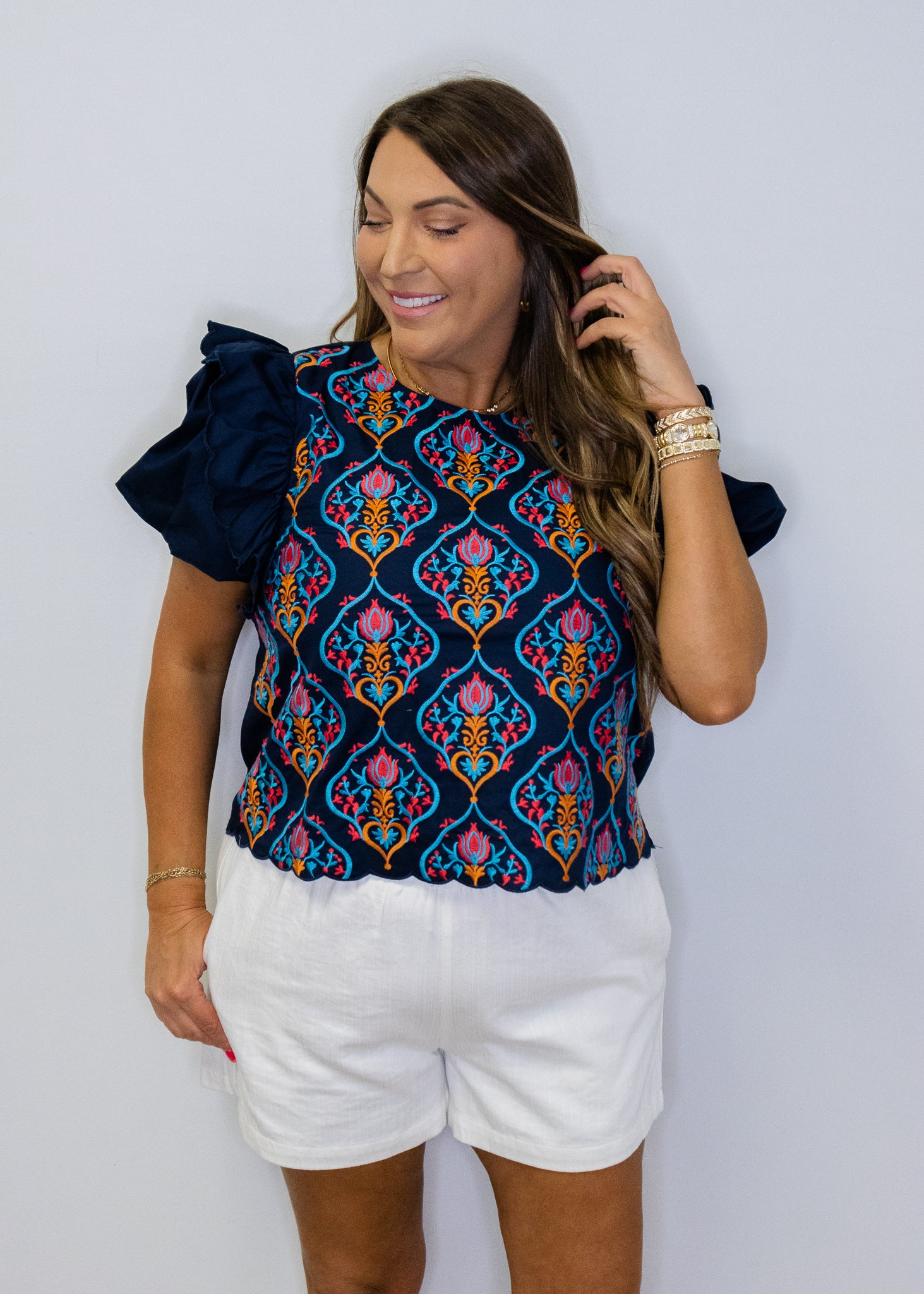 Navy Ruffled Shoulder Detail Embroidered Top