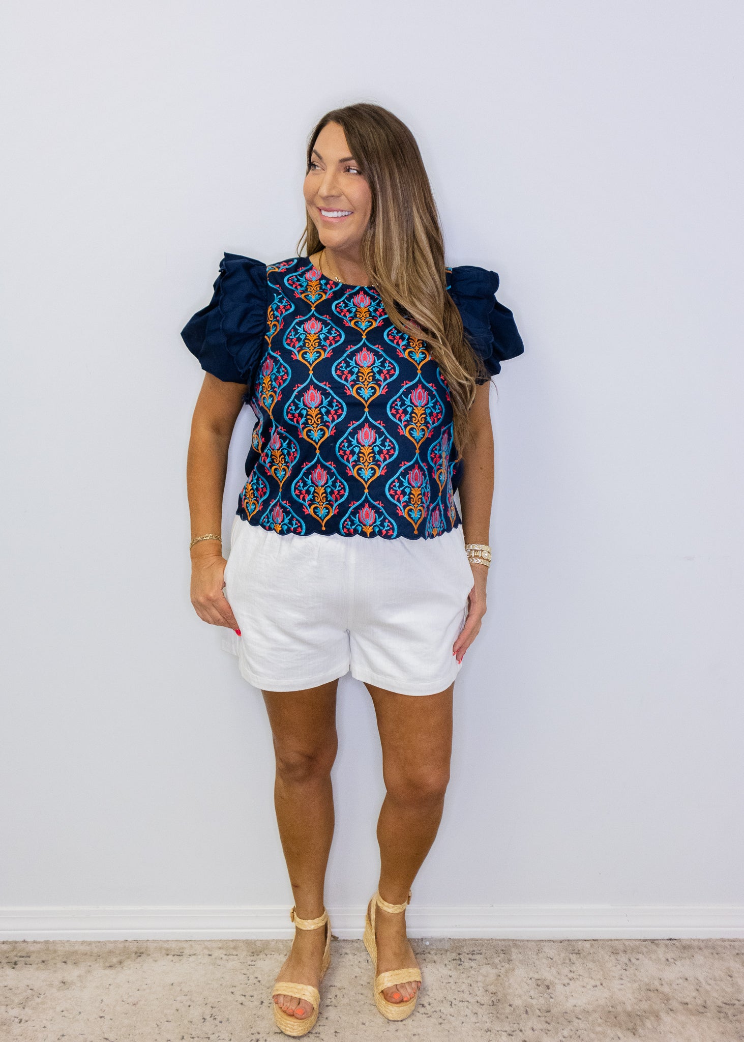 Navy Ruffled Shoulder Detail Embroidered Top