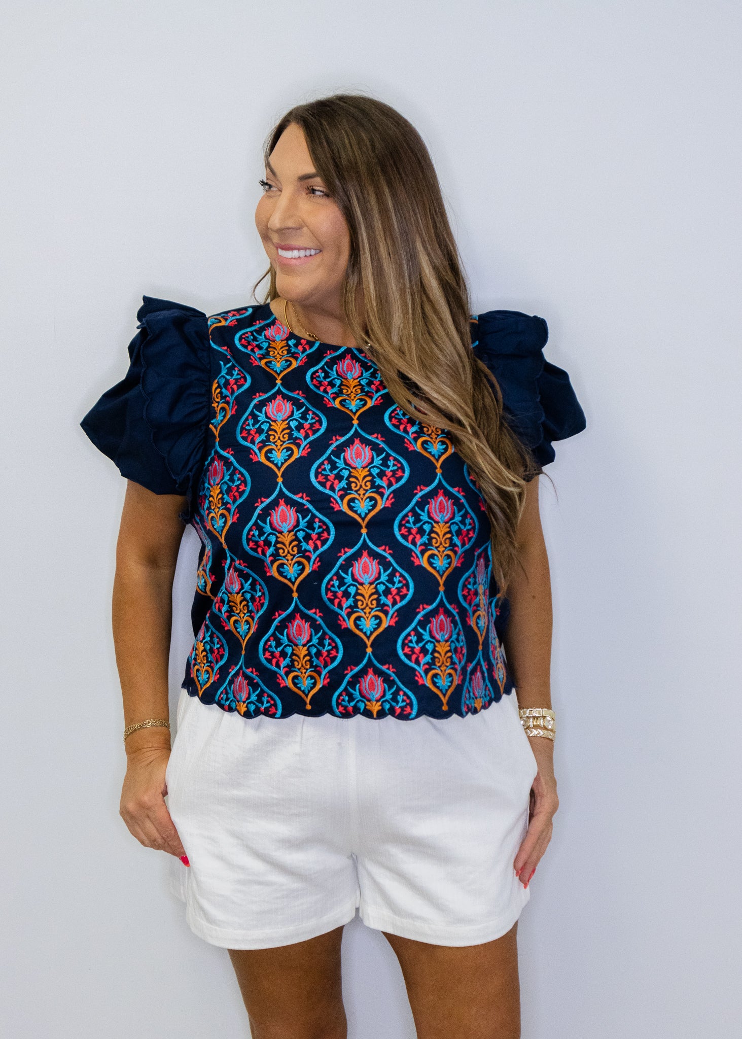 Navy Ruffled Shoulder Detail Embroidered Top