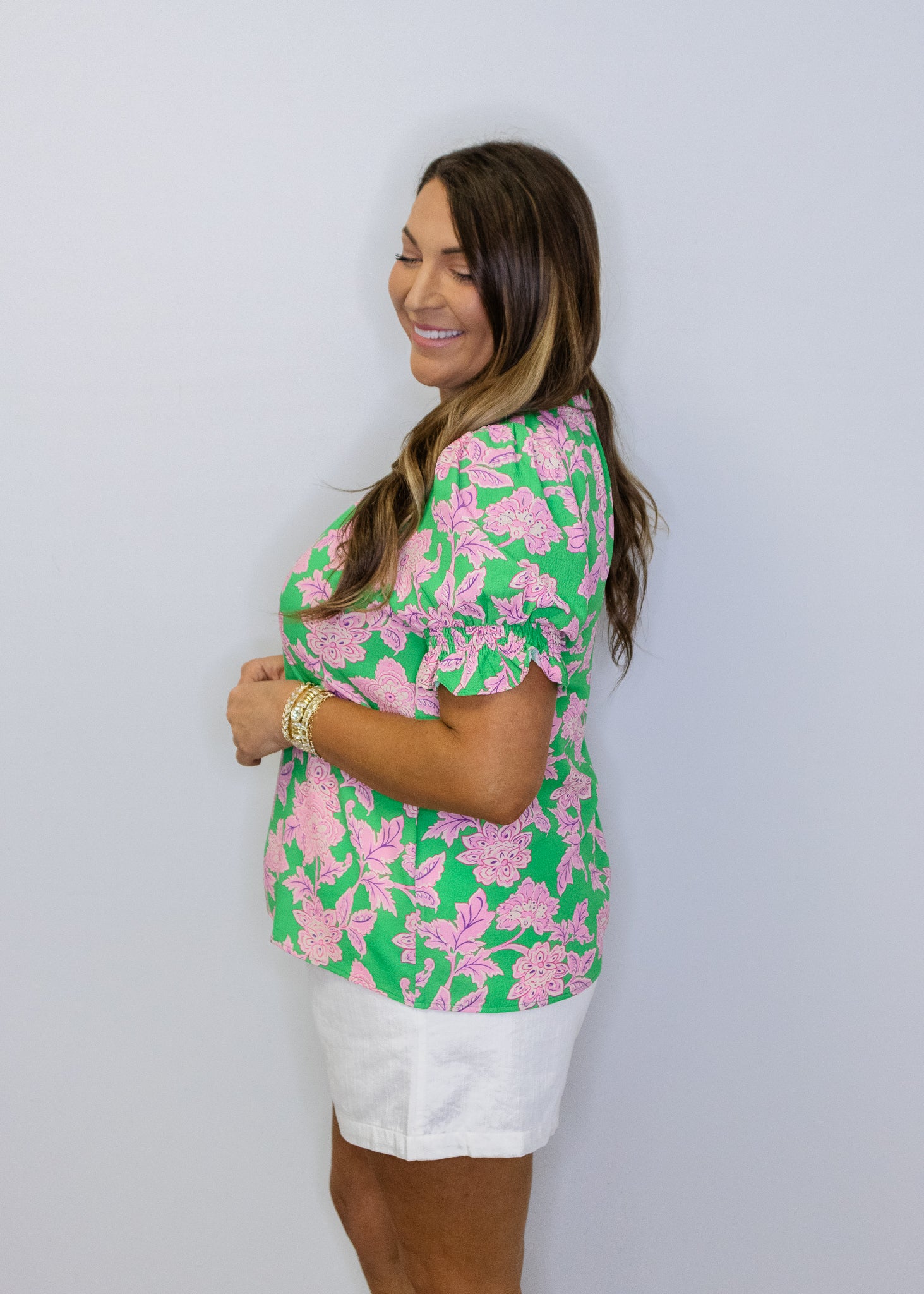 Green Frilled Floral Printed Top