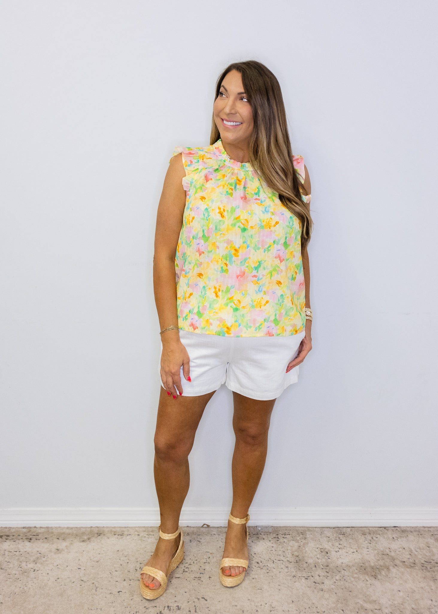 Yellow Frilled Neck Floral Printed Top