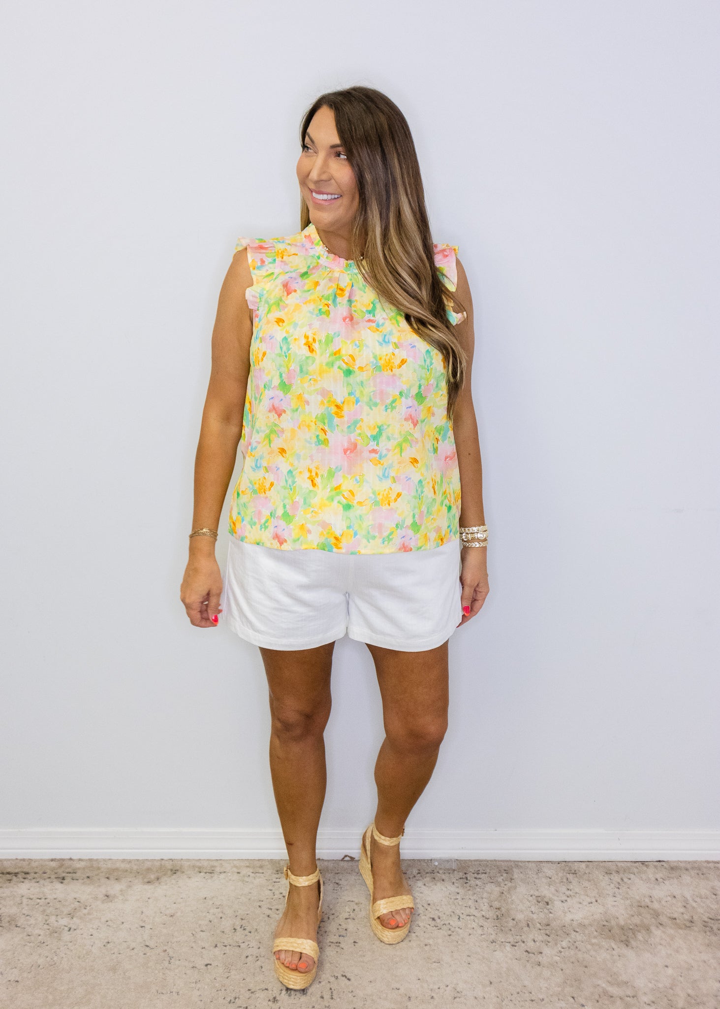 Yellow Frilled Neck Floral Printed Top
