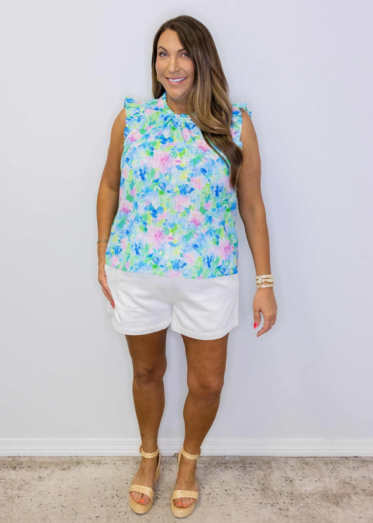 Blue Frilled Neck Floral Printed Top