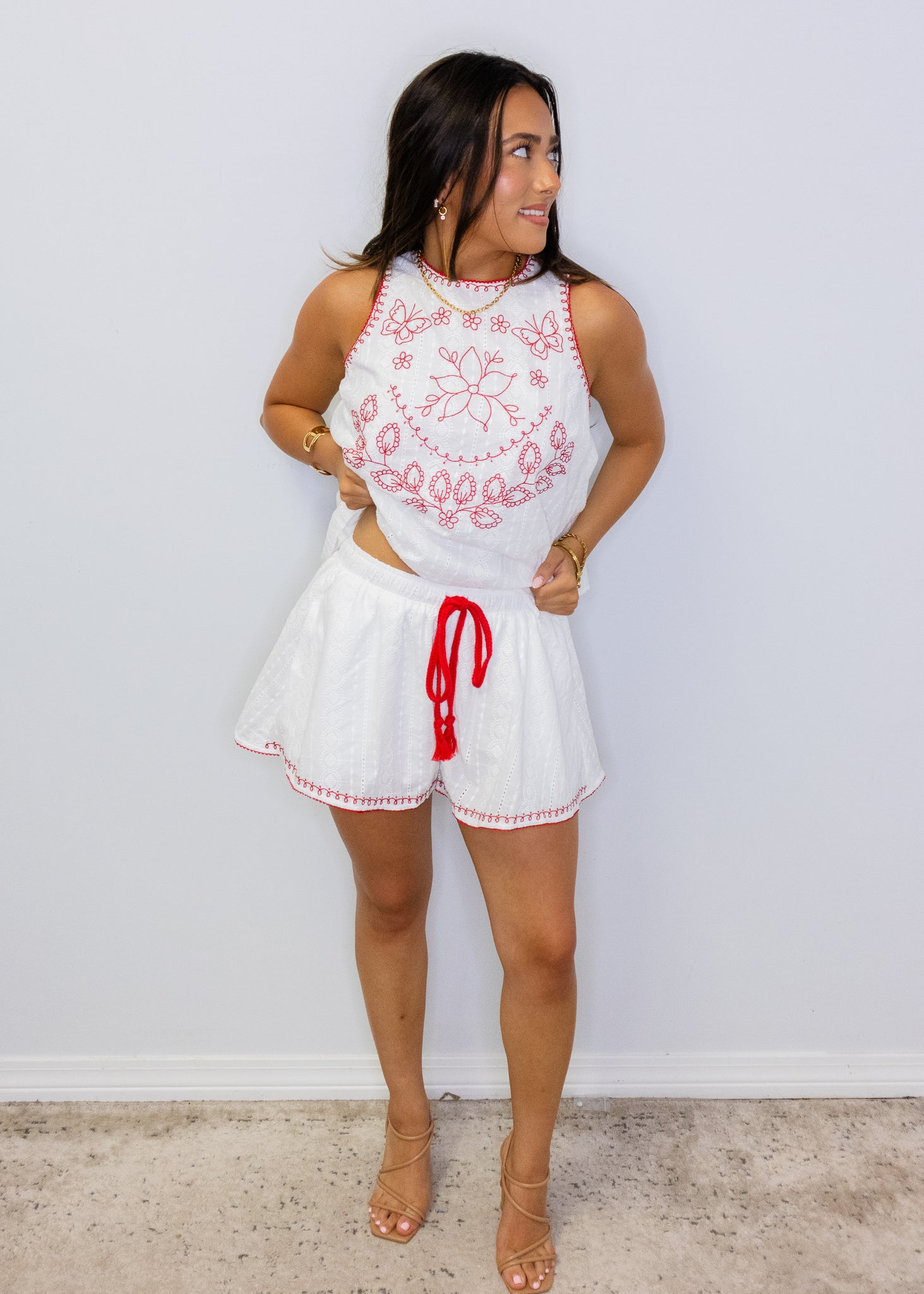 White & Red Eyelet Embroidery Shorts
