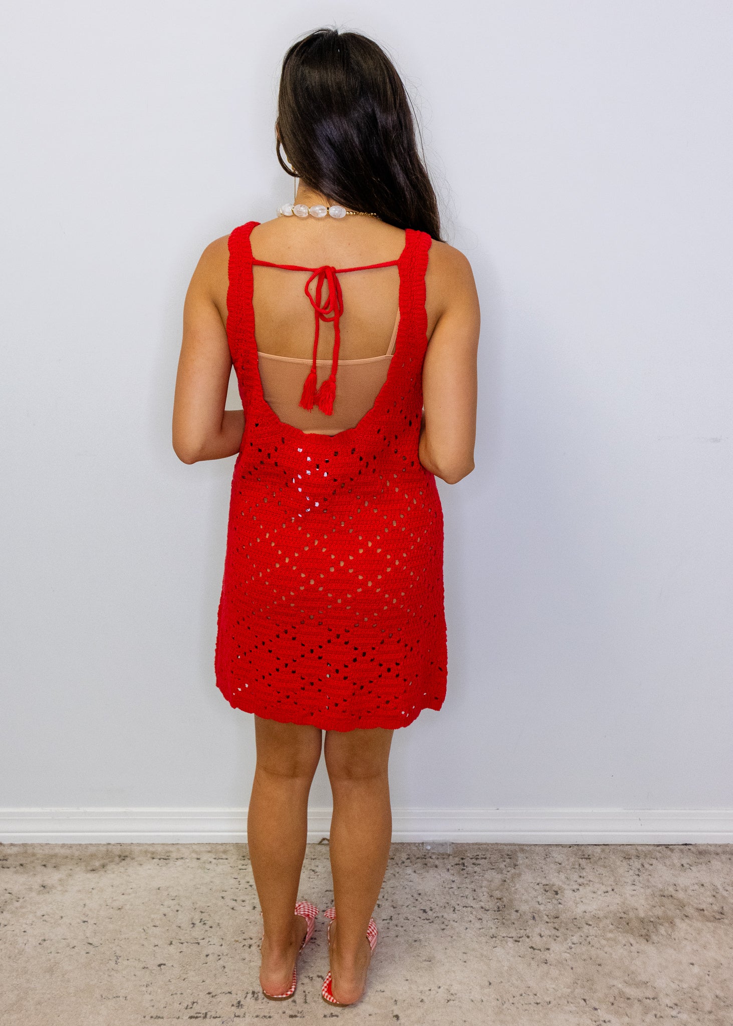 Red Boat Neck Sleeveless Crochet Dress