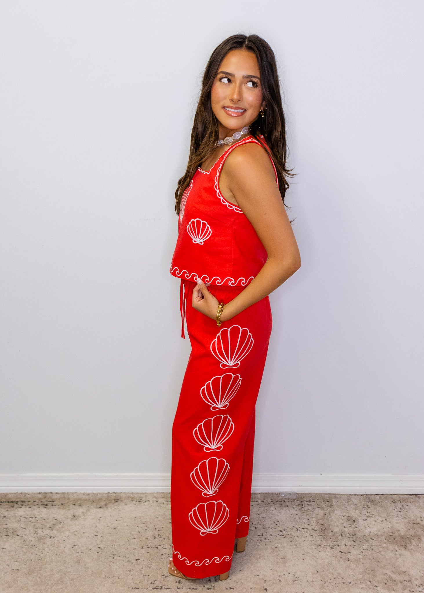 Red Sea Shell Embroidered Pants