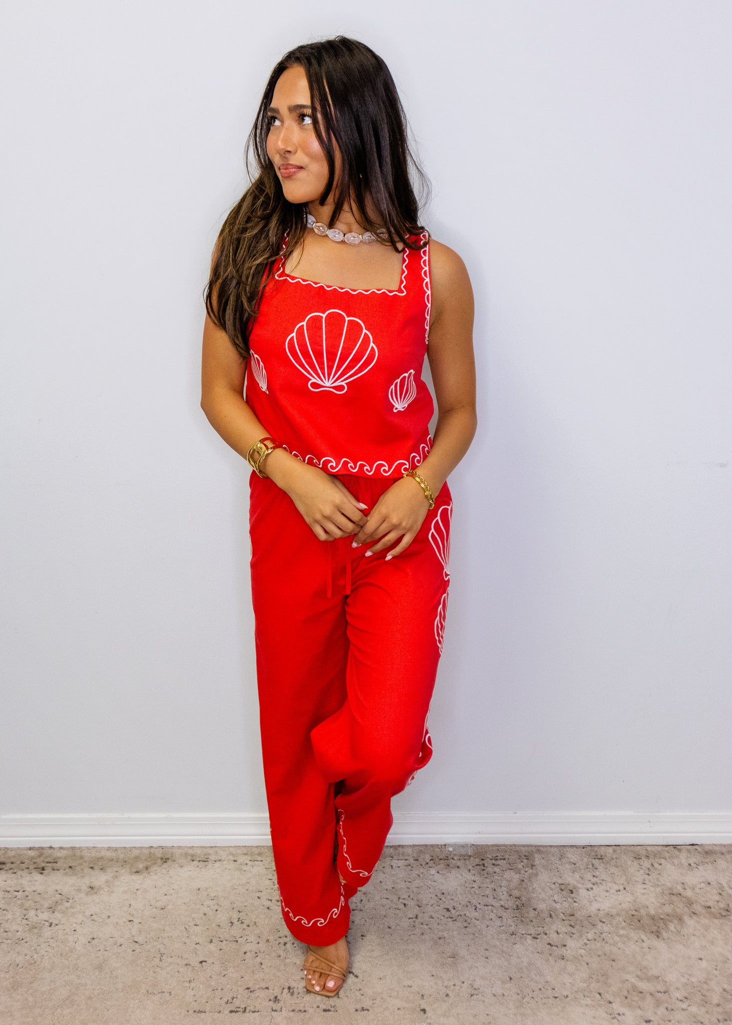 Red Sea Shell Embroidered Cropped Top