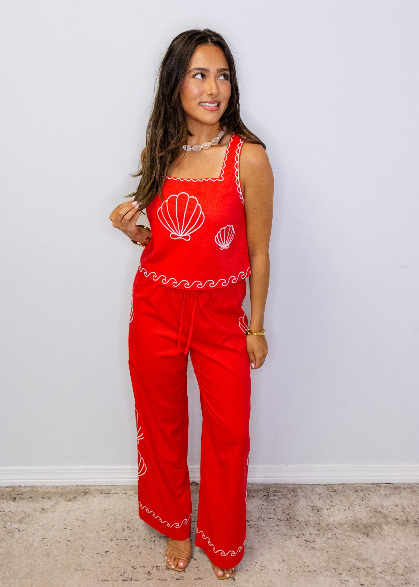 Red Sea Shell Embroidered Pants