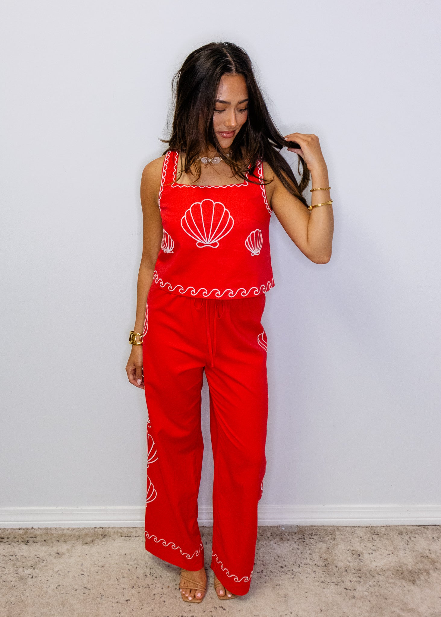 Red Sea Shell Embroidered Cropped Top