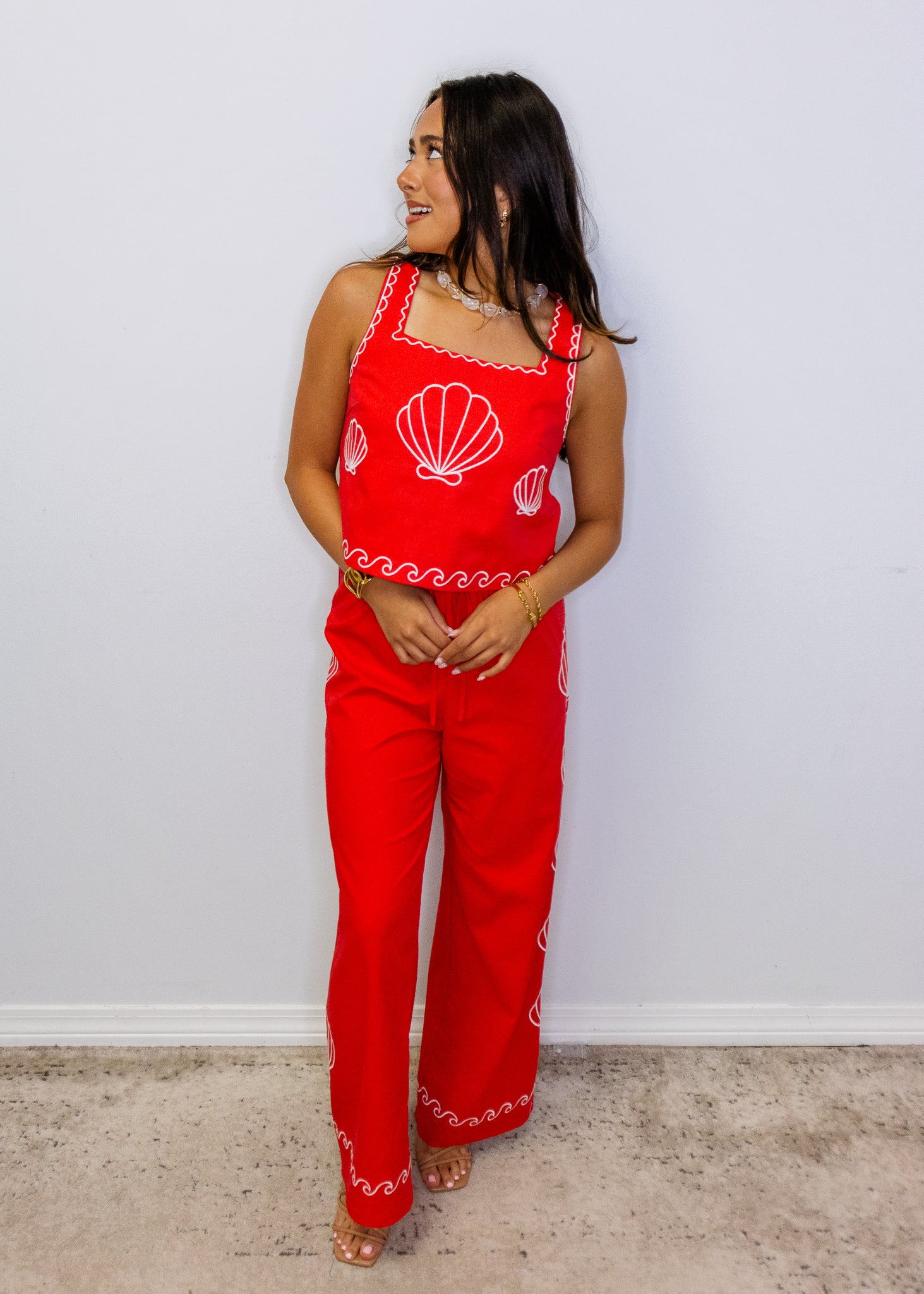 Red Sea Shell Embroidered Pants