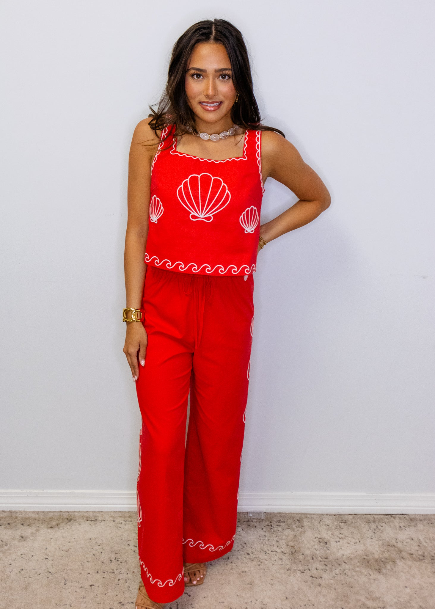 Red Sea Shell Embroidered Cropped Top