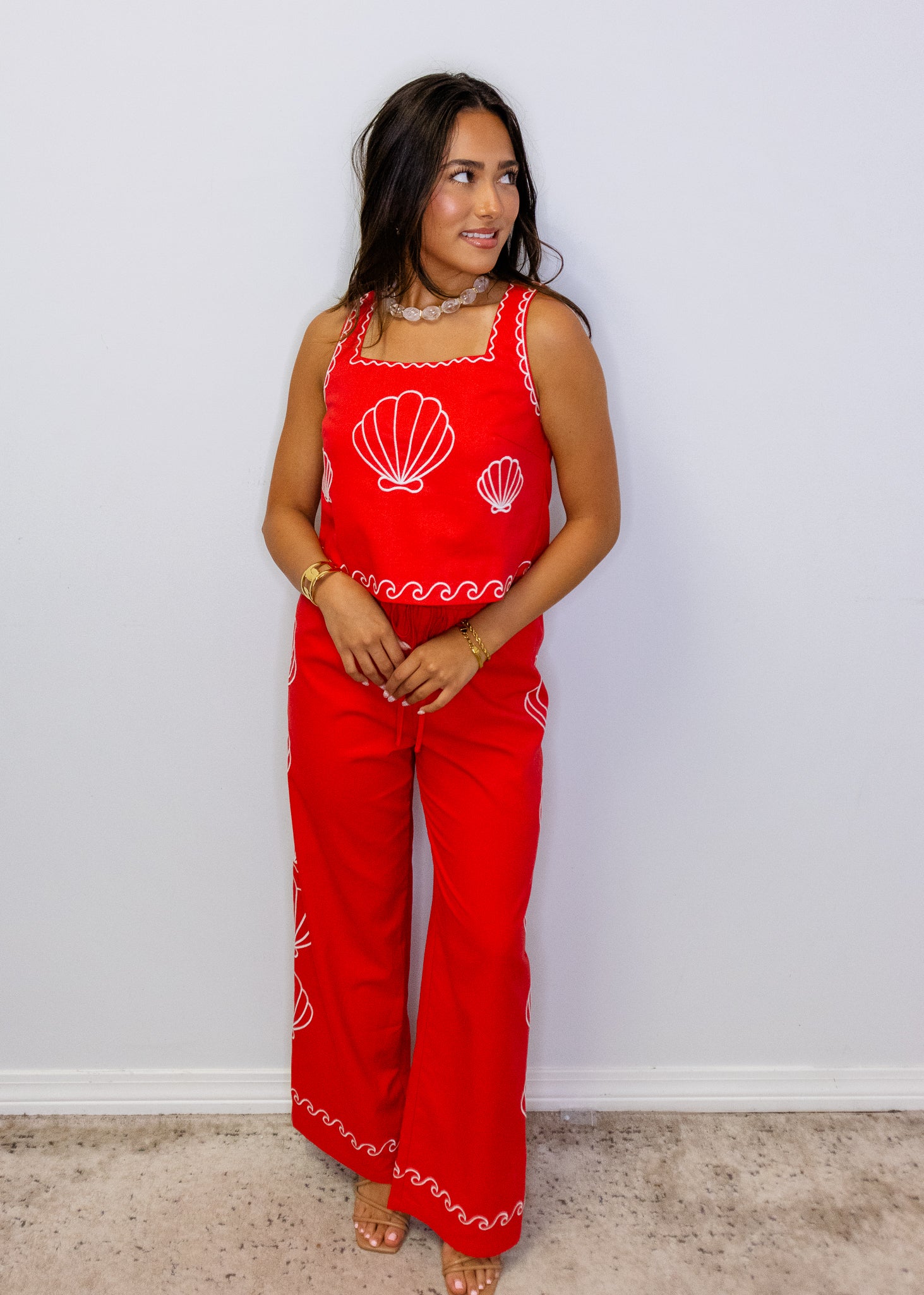 Red Sea Shell Embroidered Cropped Top