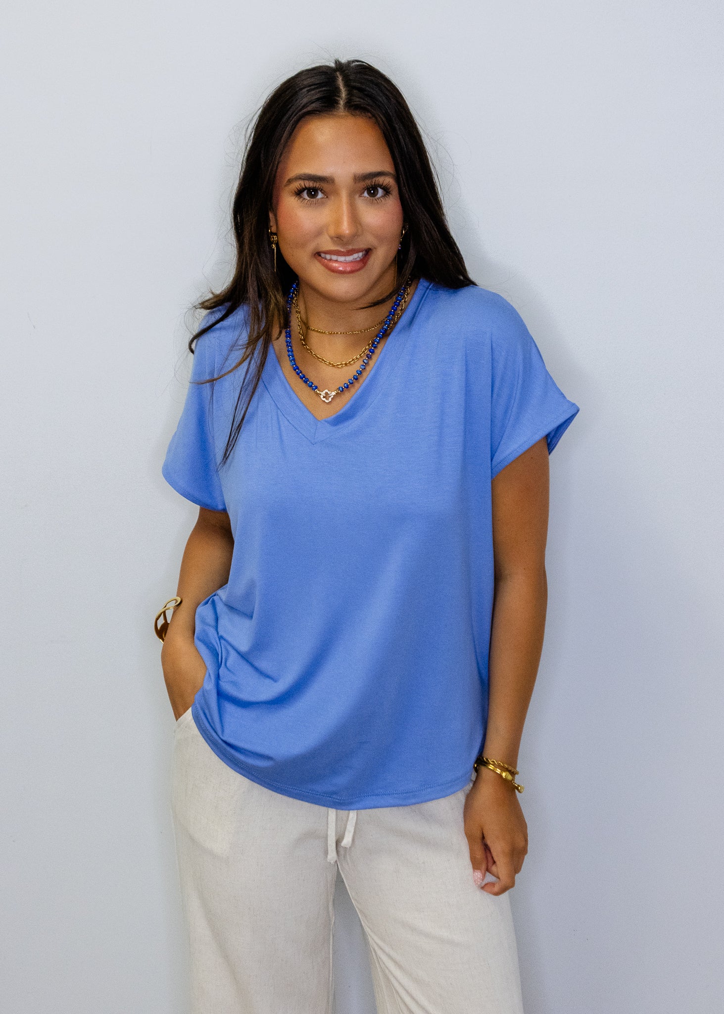 Blue Relaxed Fit V-Neck Top
