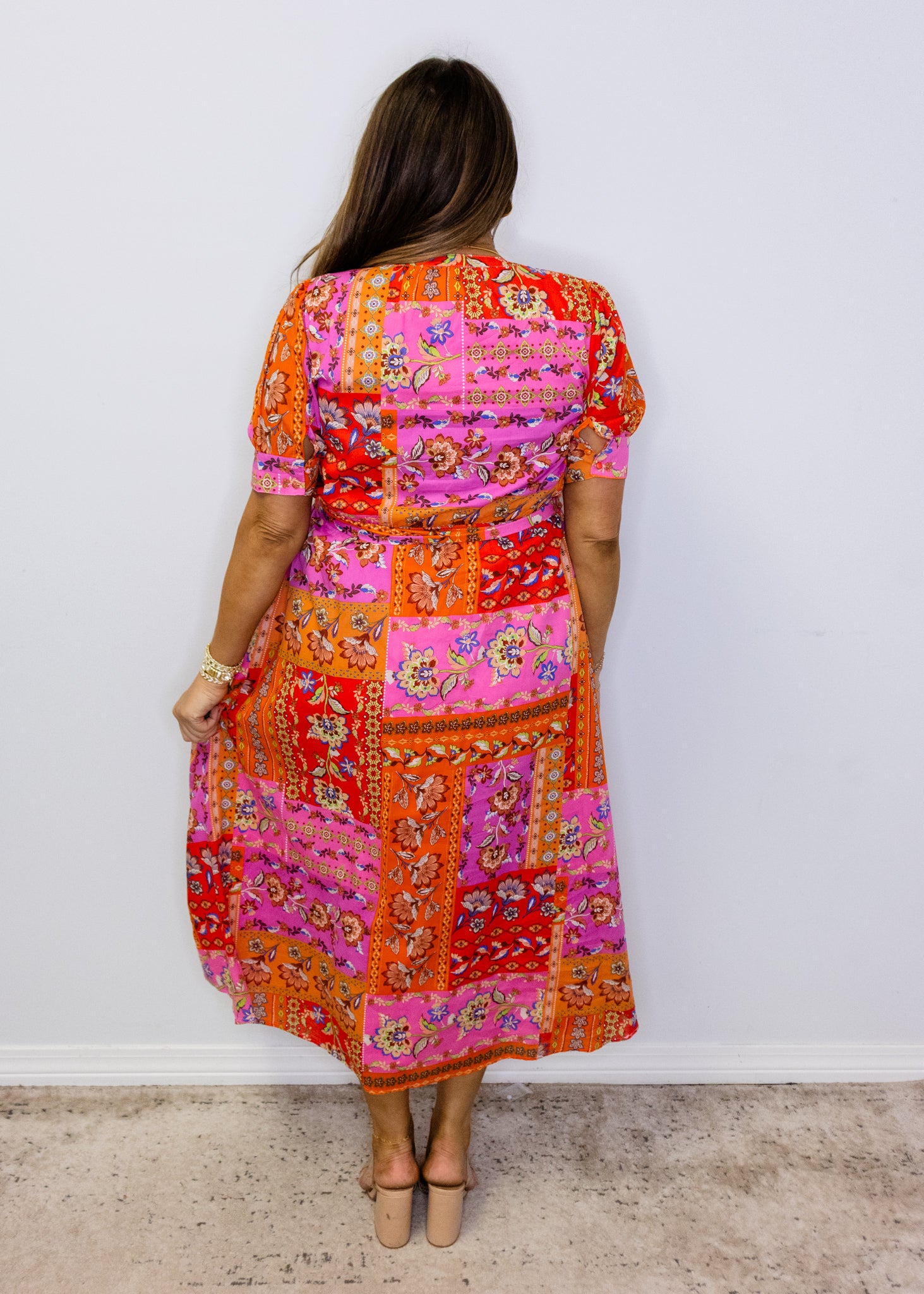 Fuchsia Floral Patchwork Print Midi Dress