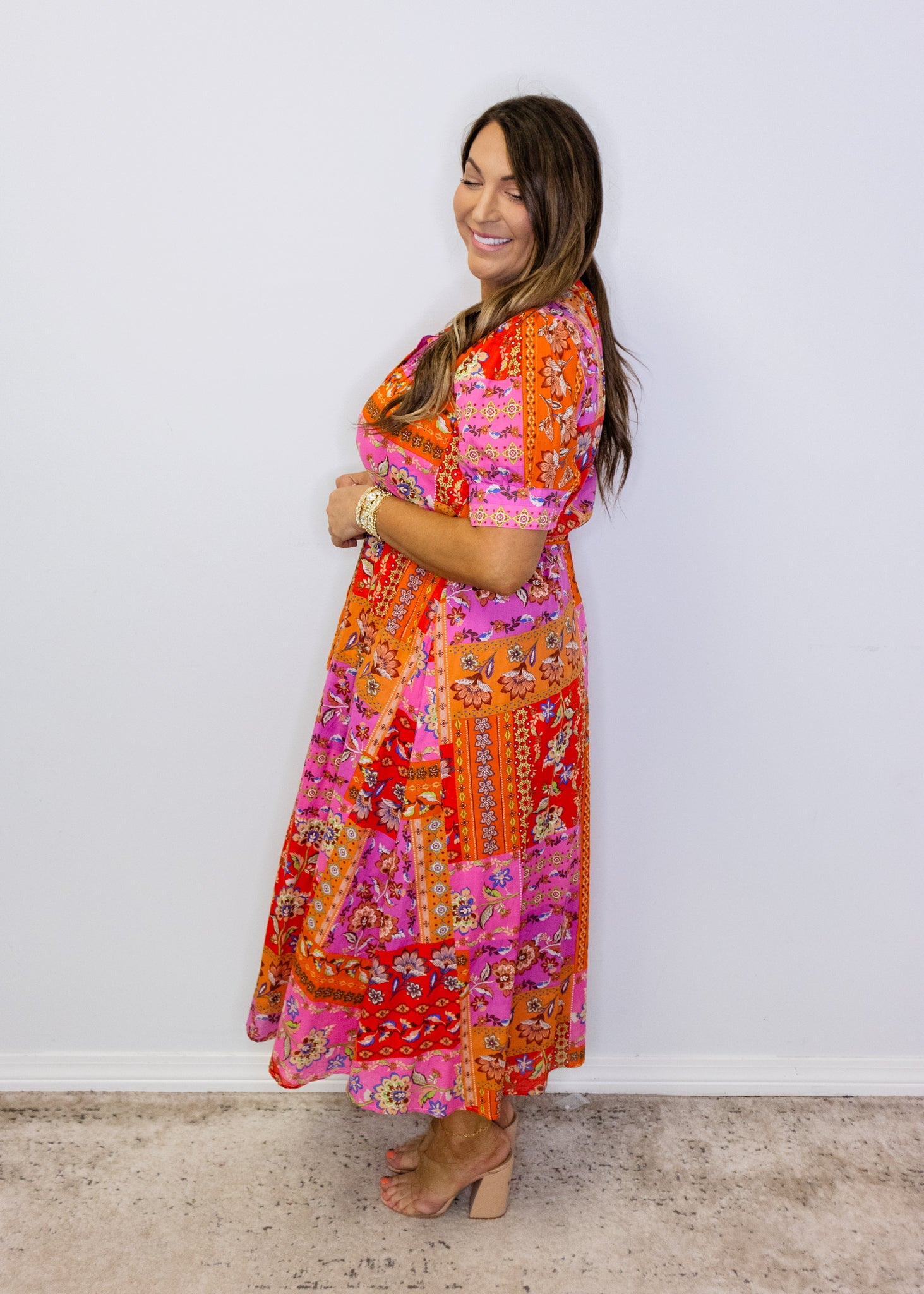 Fuchsia Floral Patchwork Print Midi Dress
