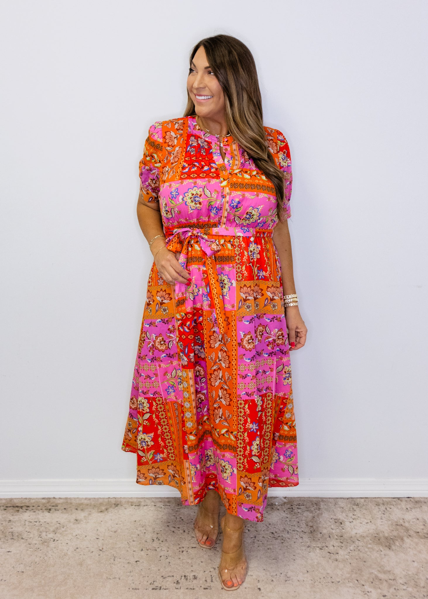 Fuchsia Floral Patchwork Print Midi Dress