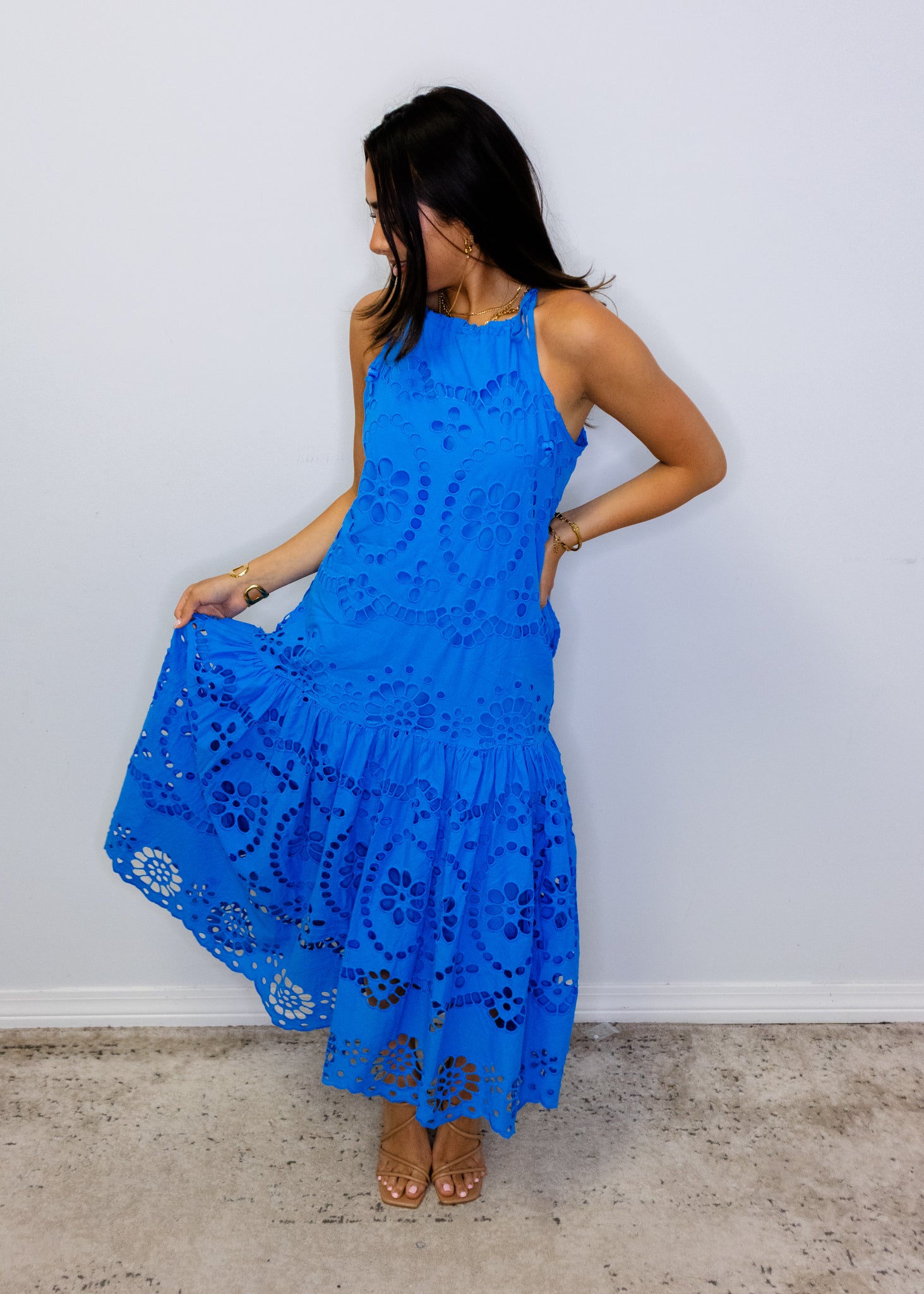 Blue Eyelet Midi Dress