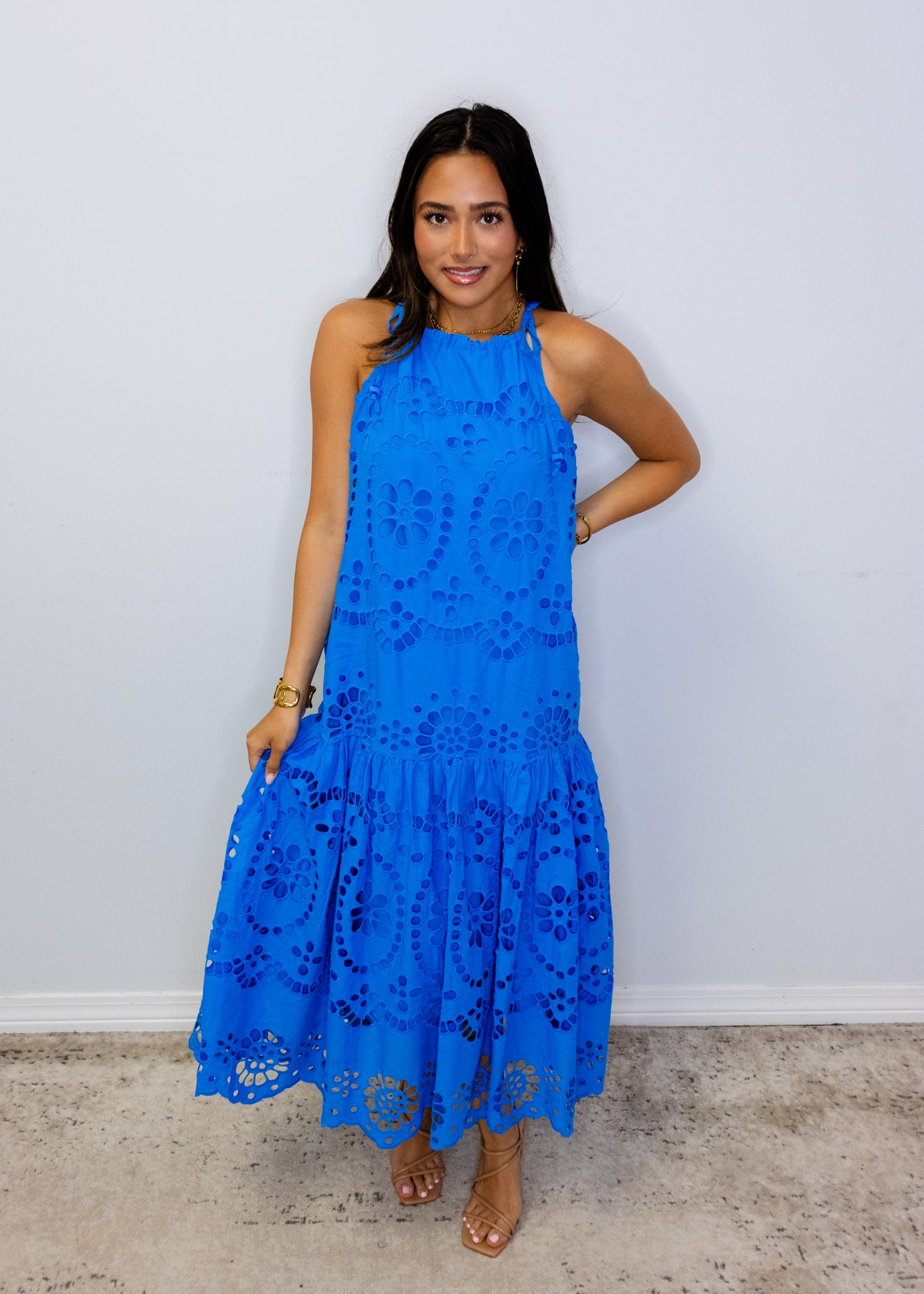 Blue Eyelet Midi Dress