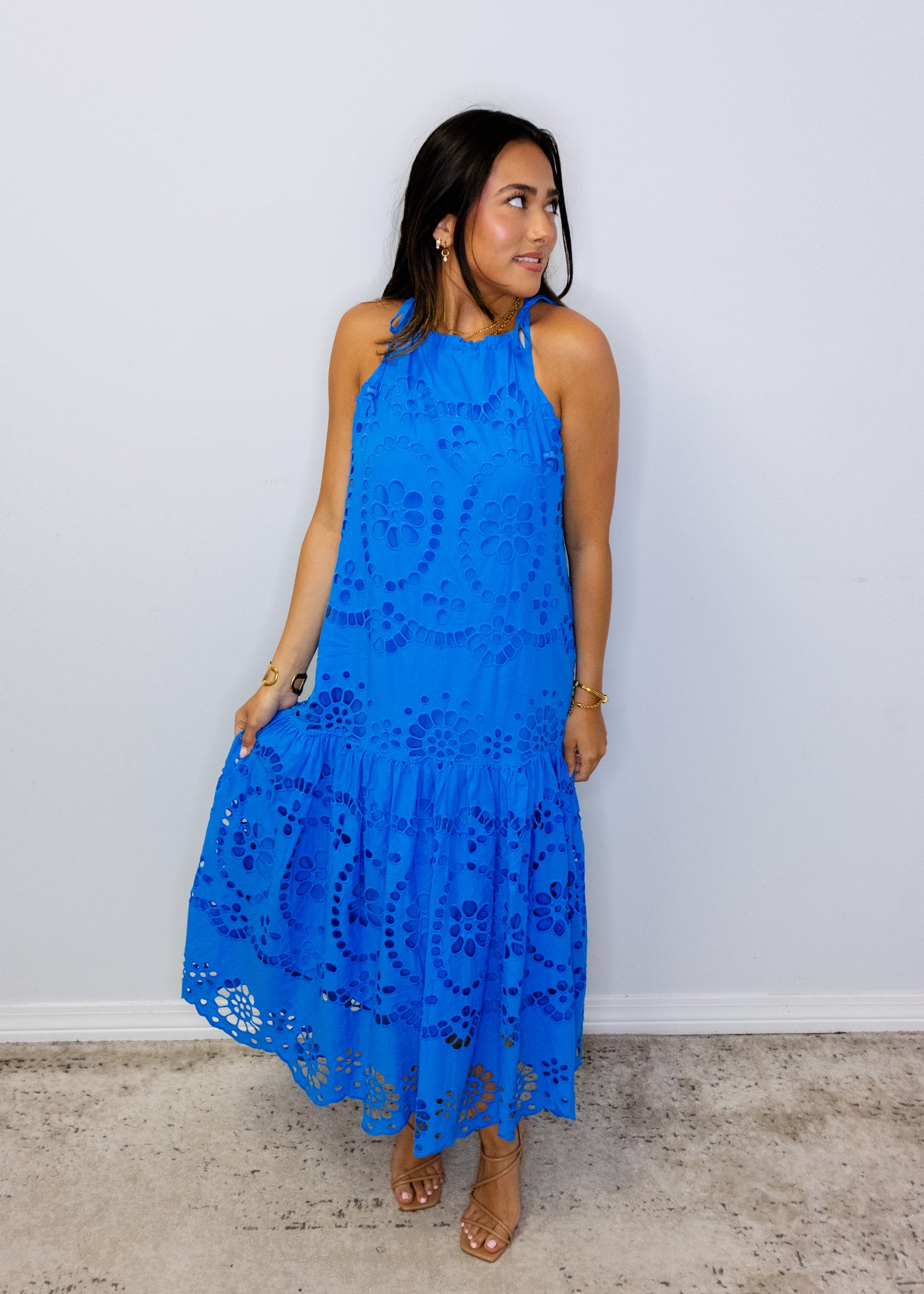 Blue Eyelet Midi Dress