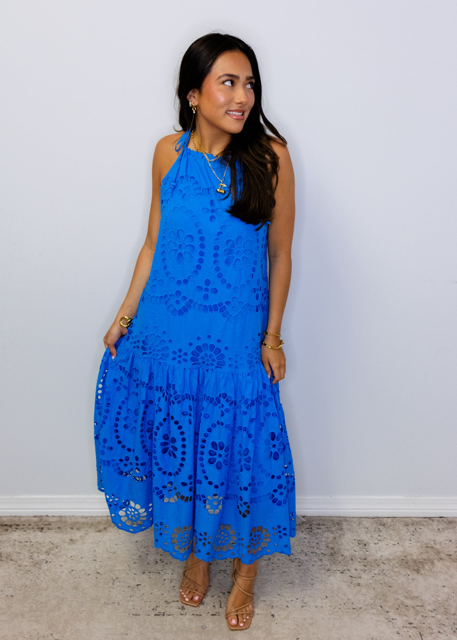 Blue Eyelet Midi Dress