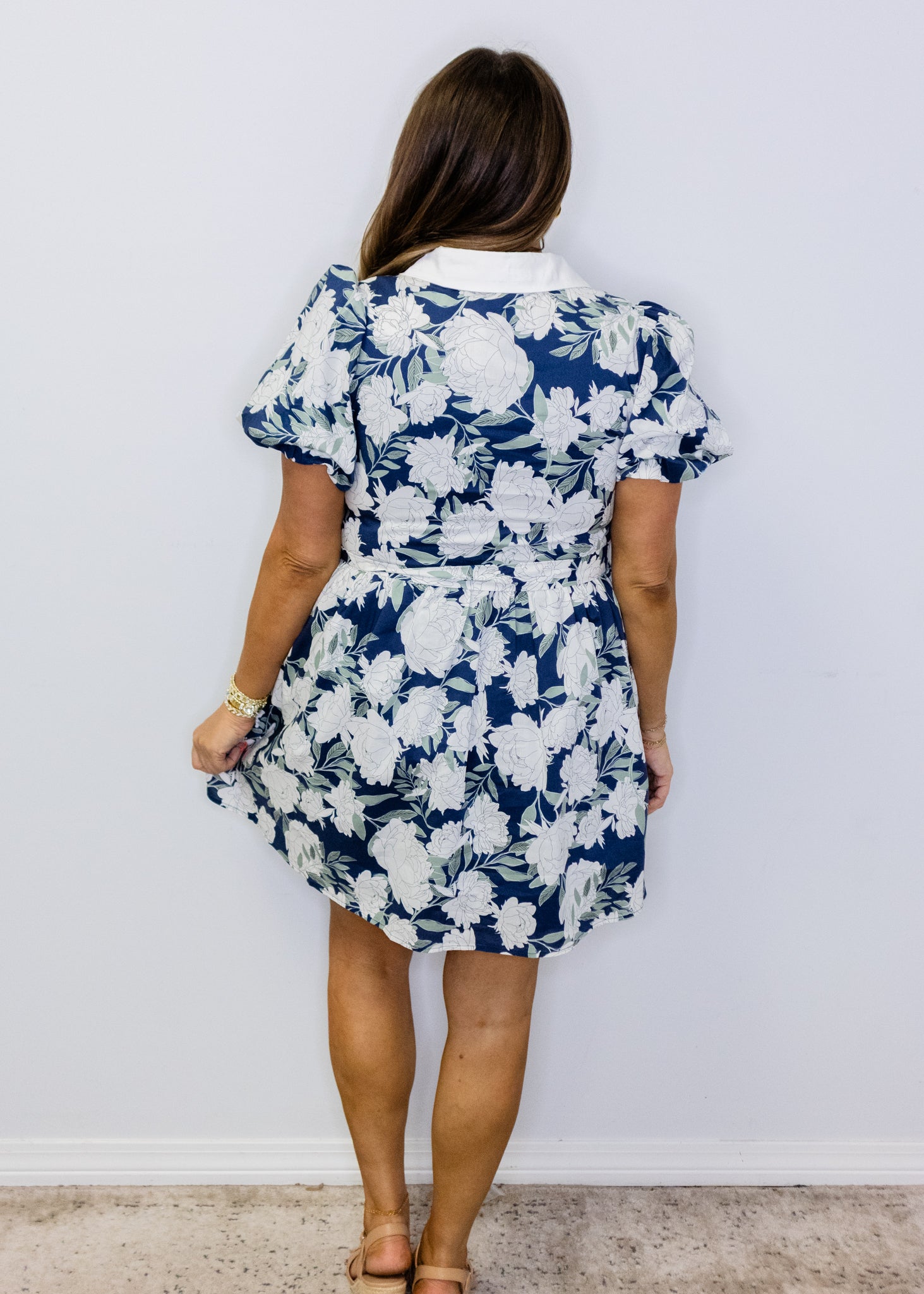 Navy Princess Sleeves Floral Dress