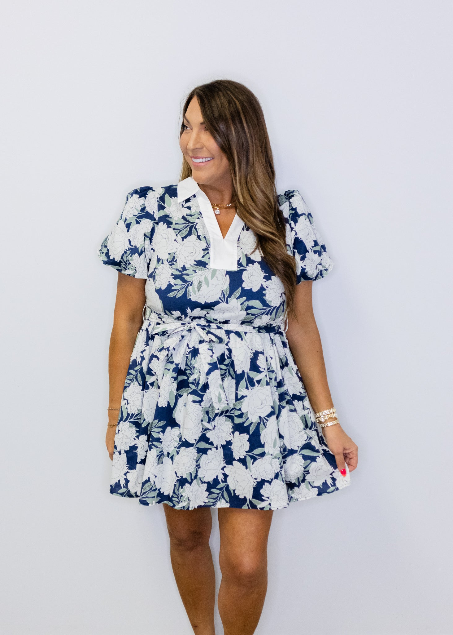 Navy Princess Sleeves Floral Dress