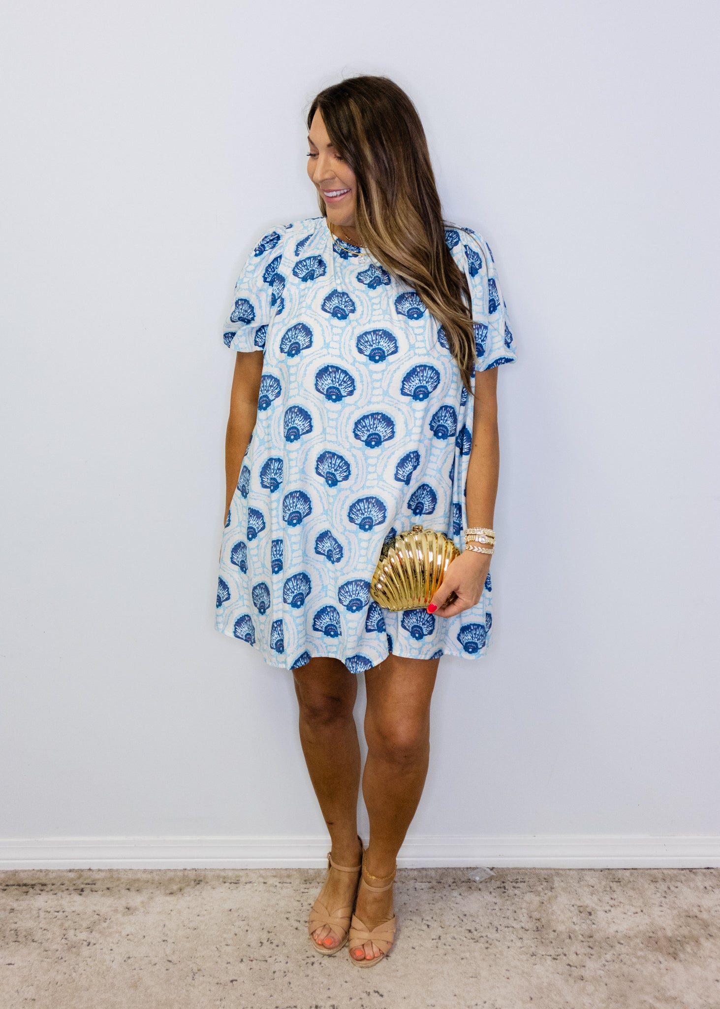 Blue Seashell Printed Dress Medium
