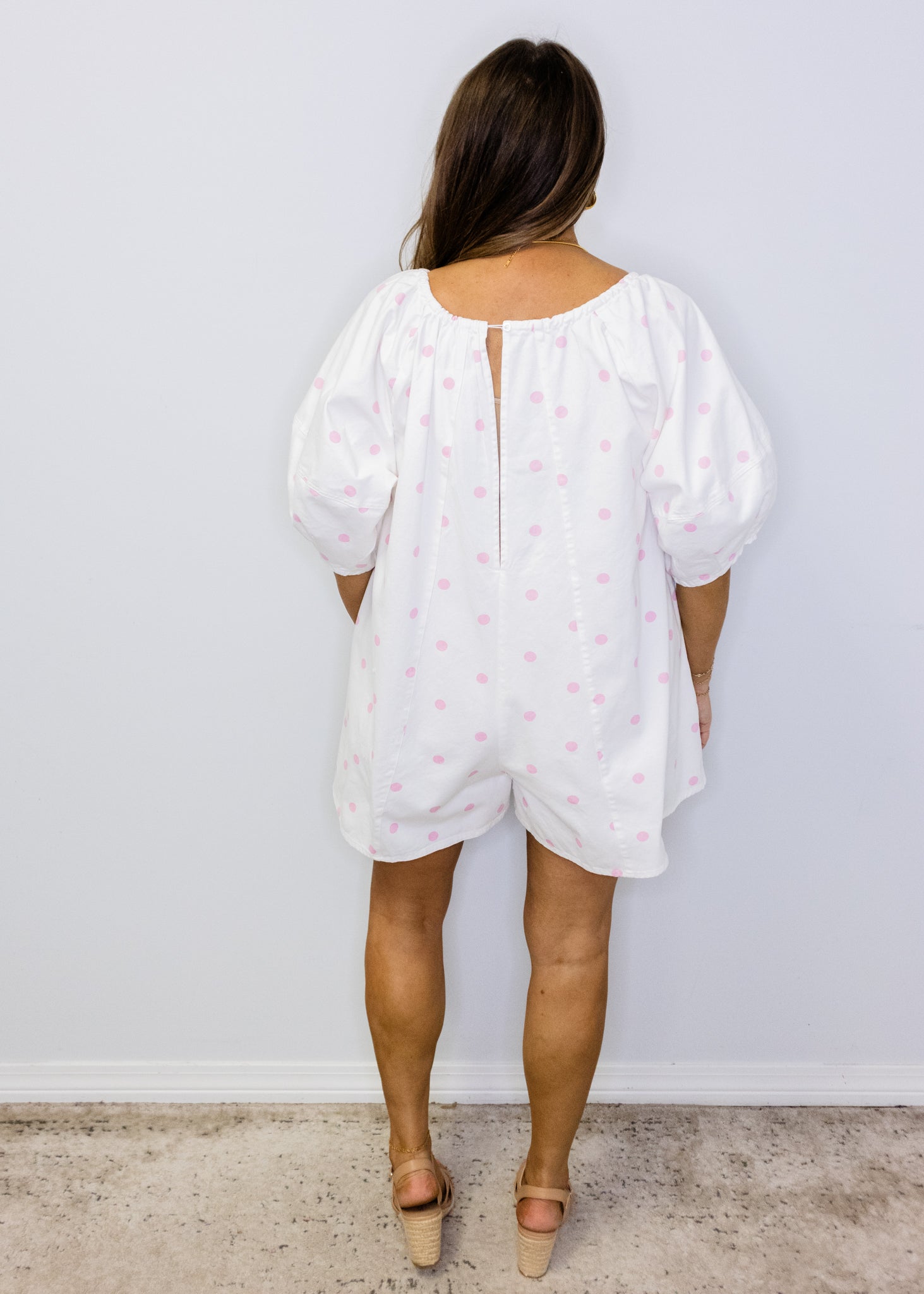 Pink Polka Dots Denim Romper