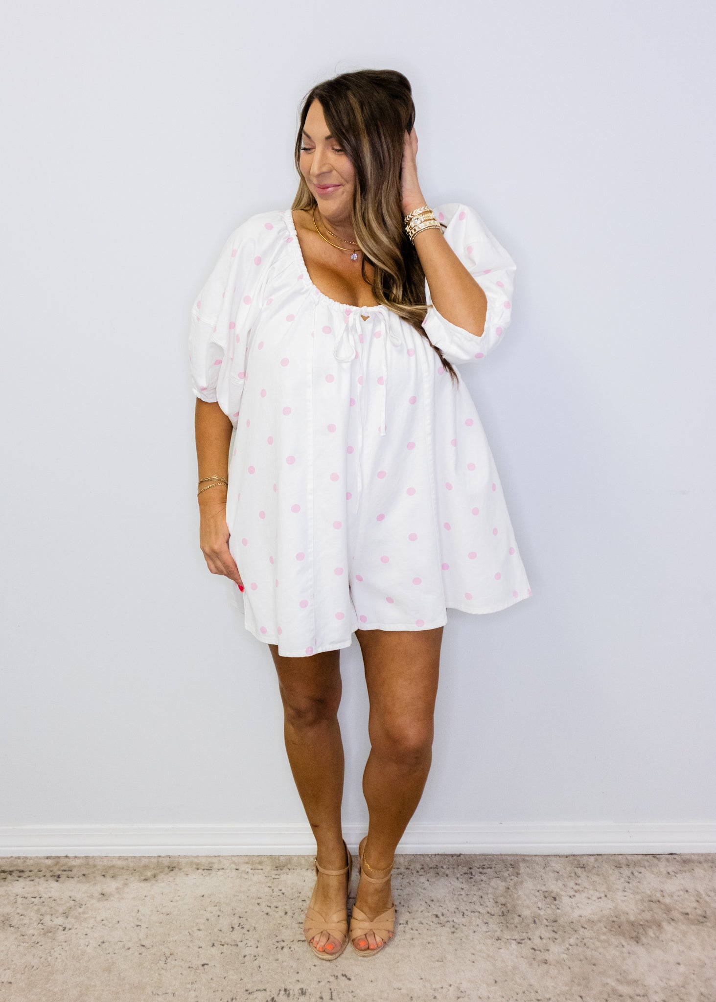 Pink Polka Dots Denim Romper