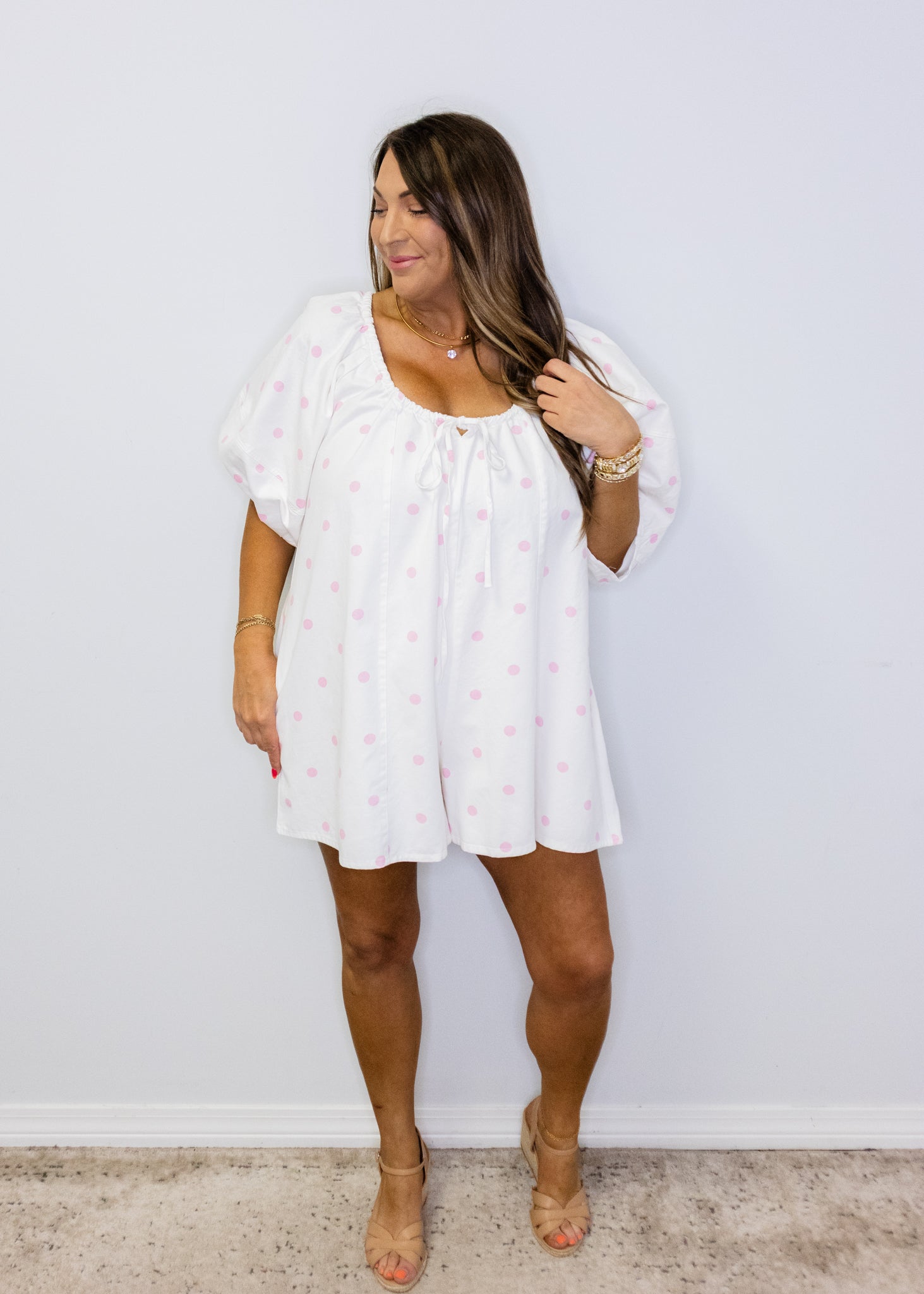 Pink Polka Dots Denim Romper