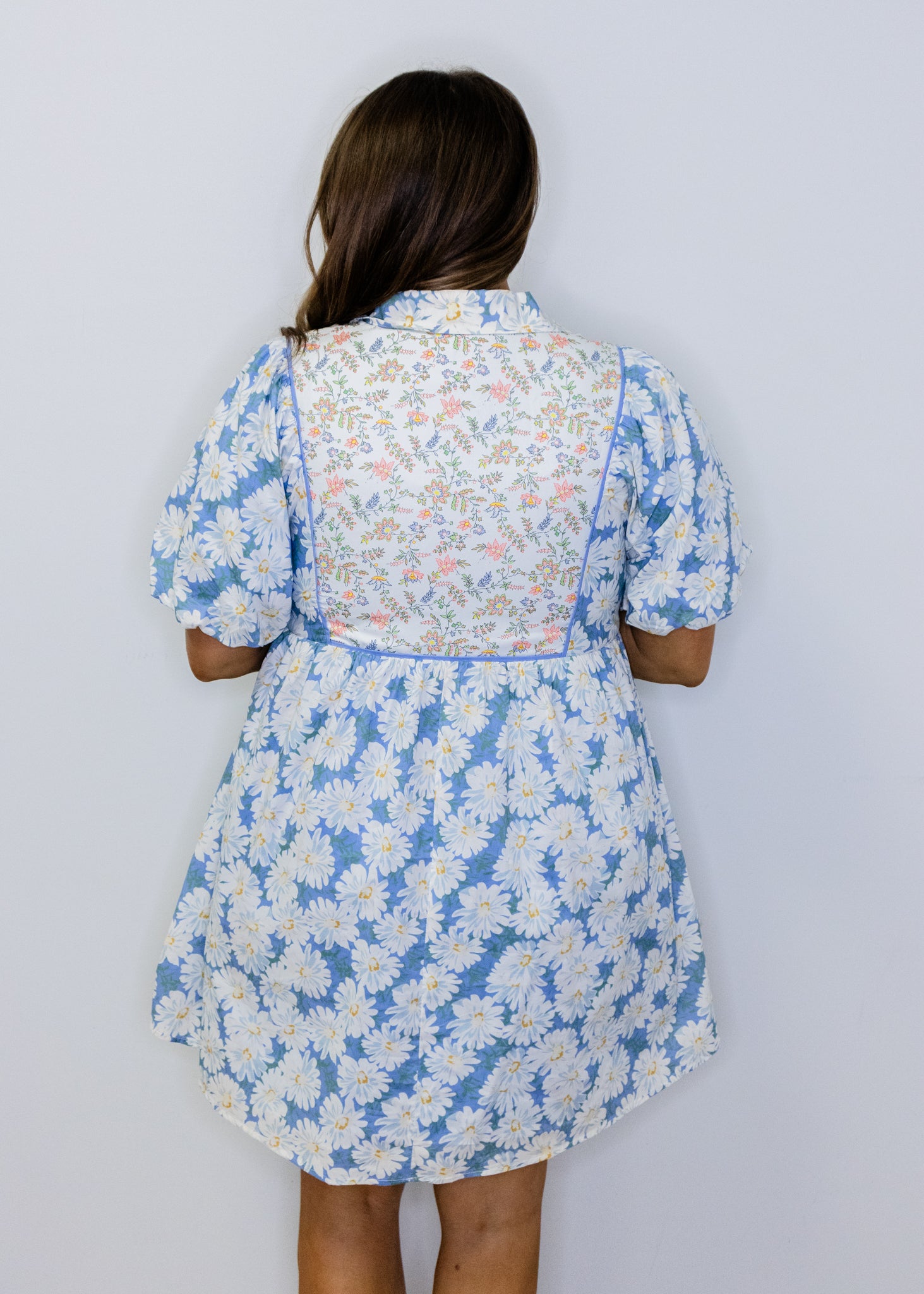 Blue Puff Sleeve Floral Peasant Dress
