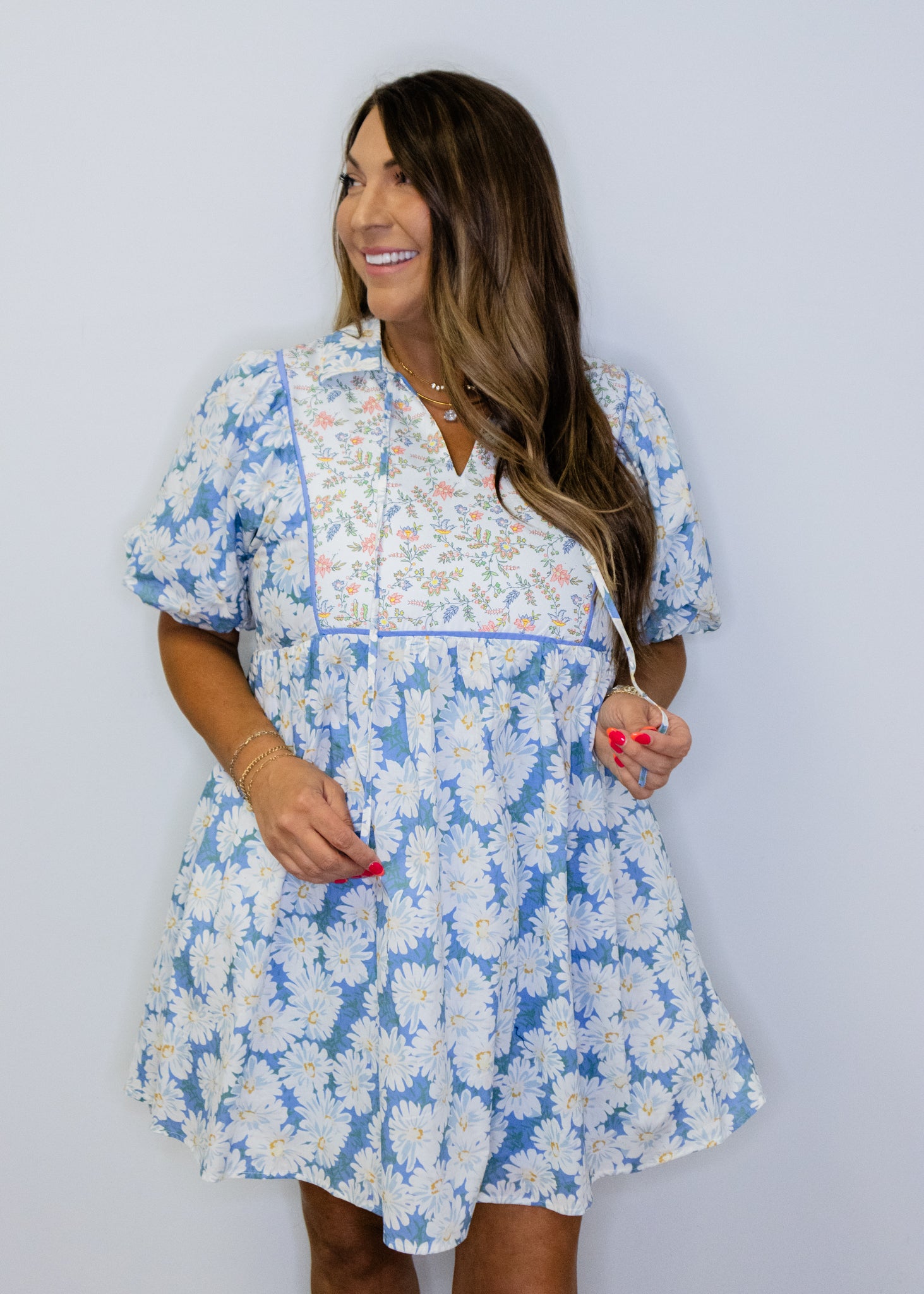 Blue Puff Sleeve Floral Peasant Dress