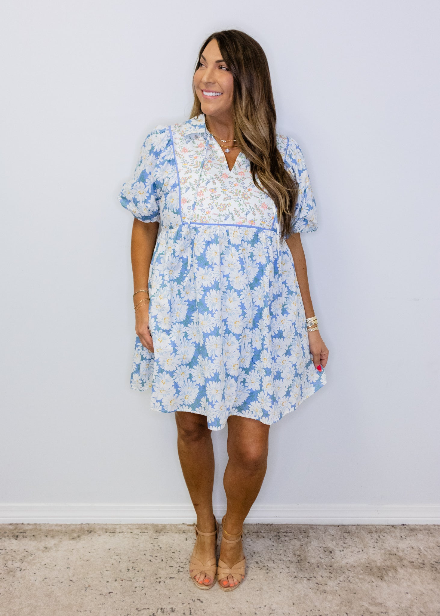 Blue Puff Sleeve Floral Peasant Dress