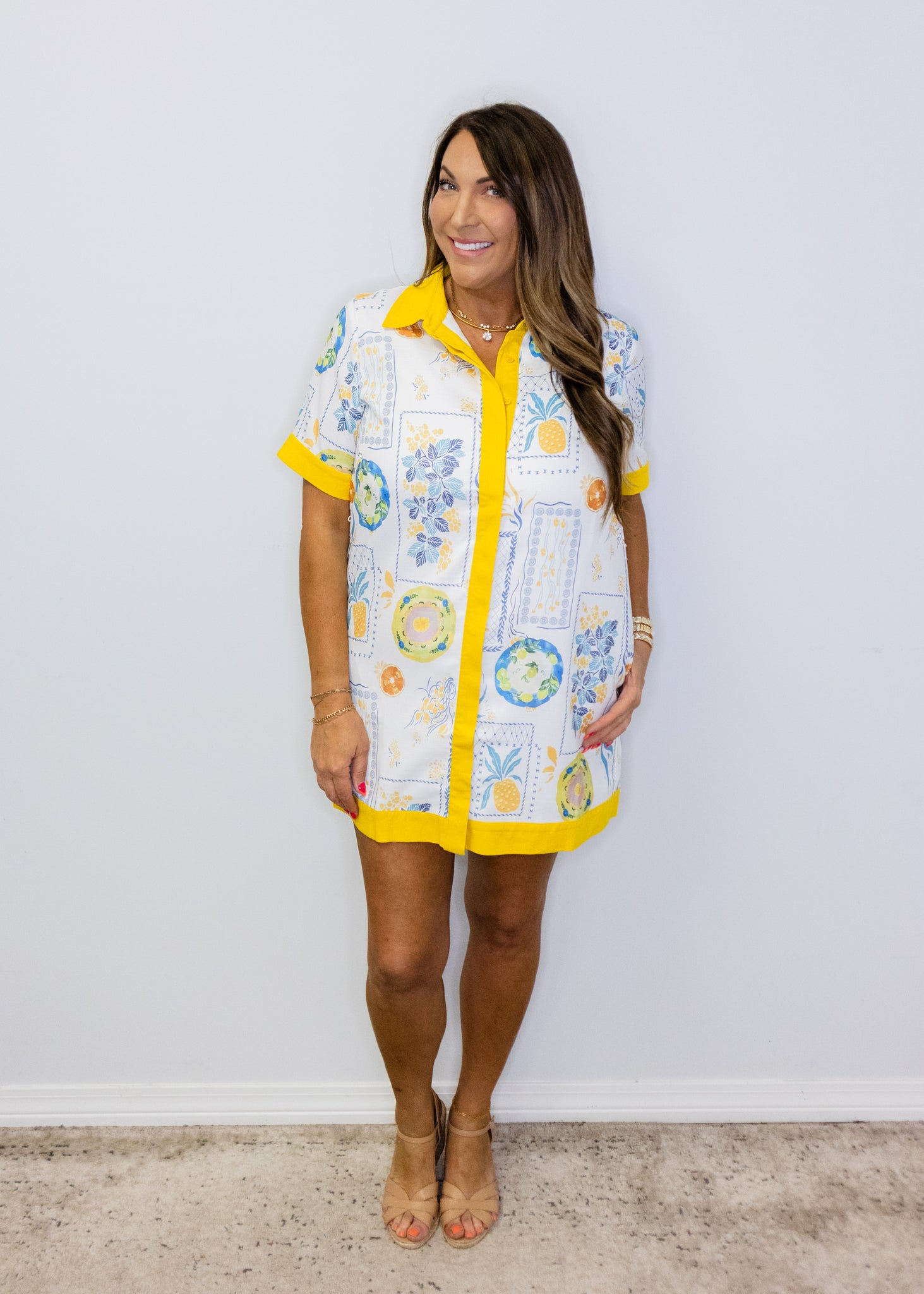 Yellow Botanical Contrast Linen Dress