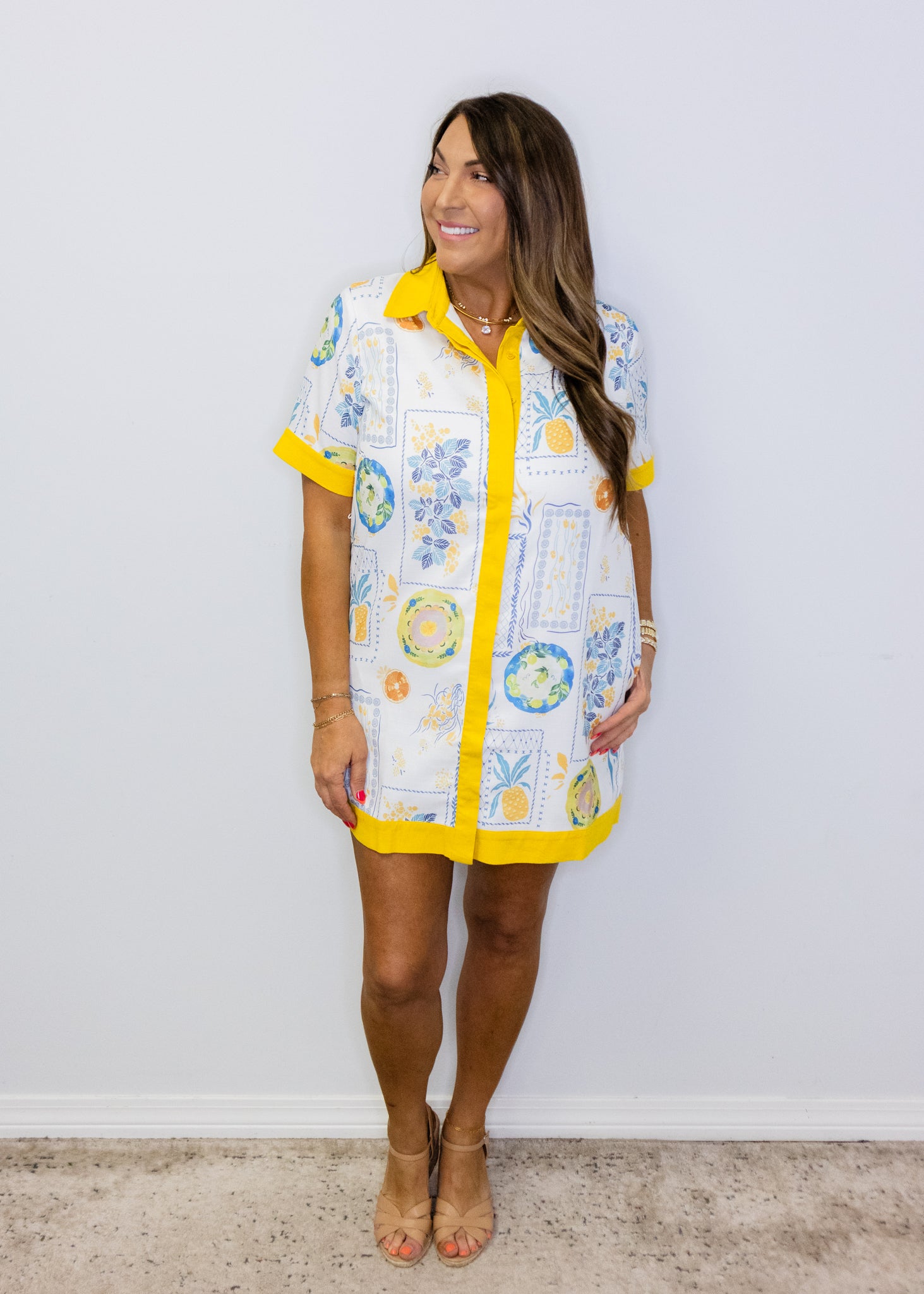 Yellow Botanical Contrast Linen Dress