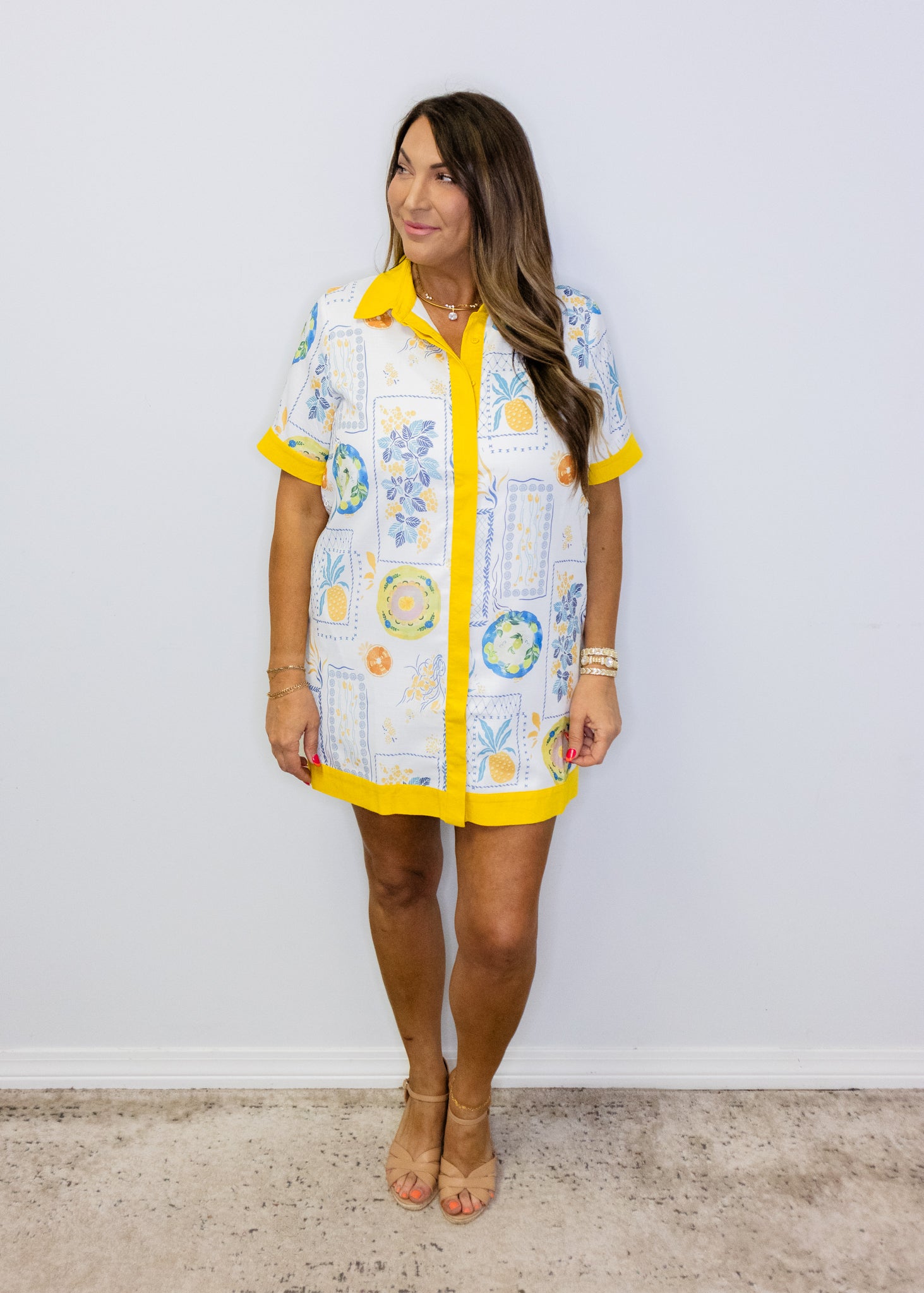 Yellow Botanical Contrast Linen Dress