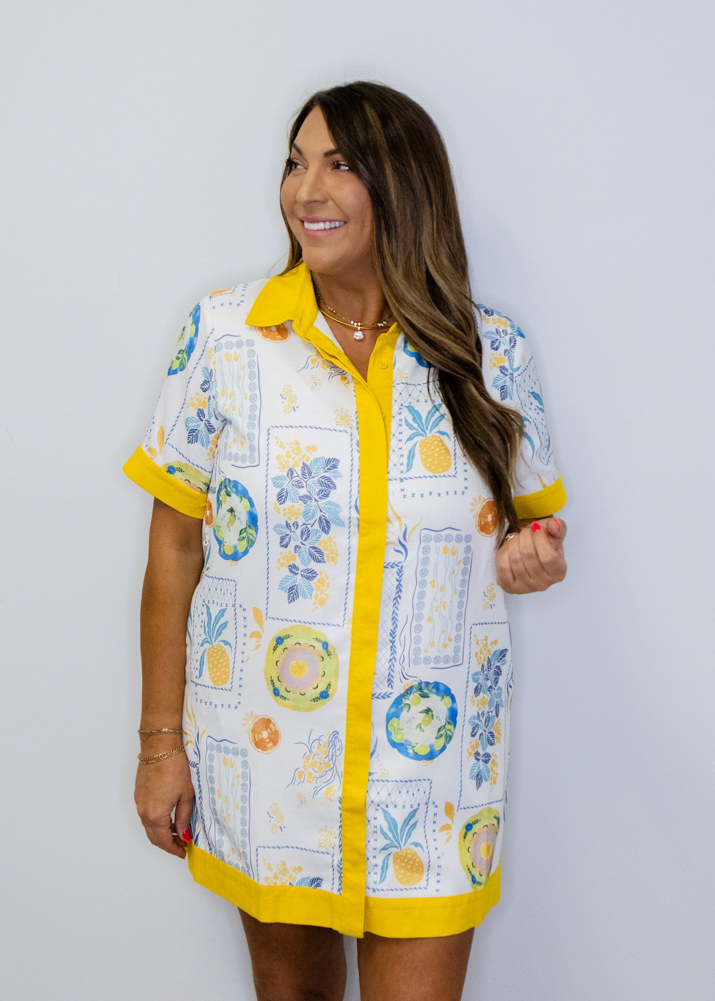 Yellow Botanical Contrast Linen Dress