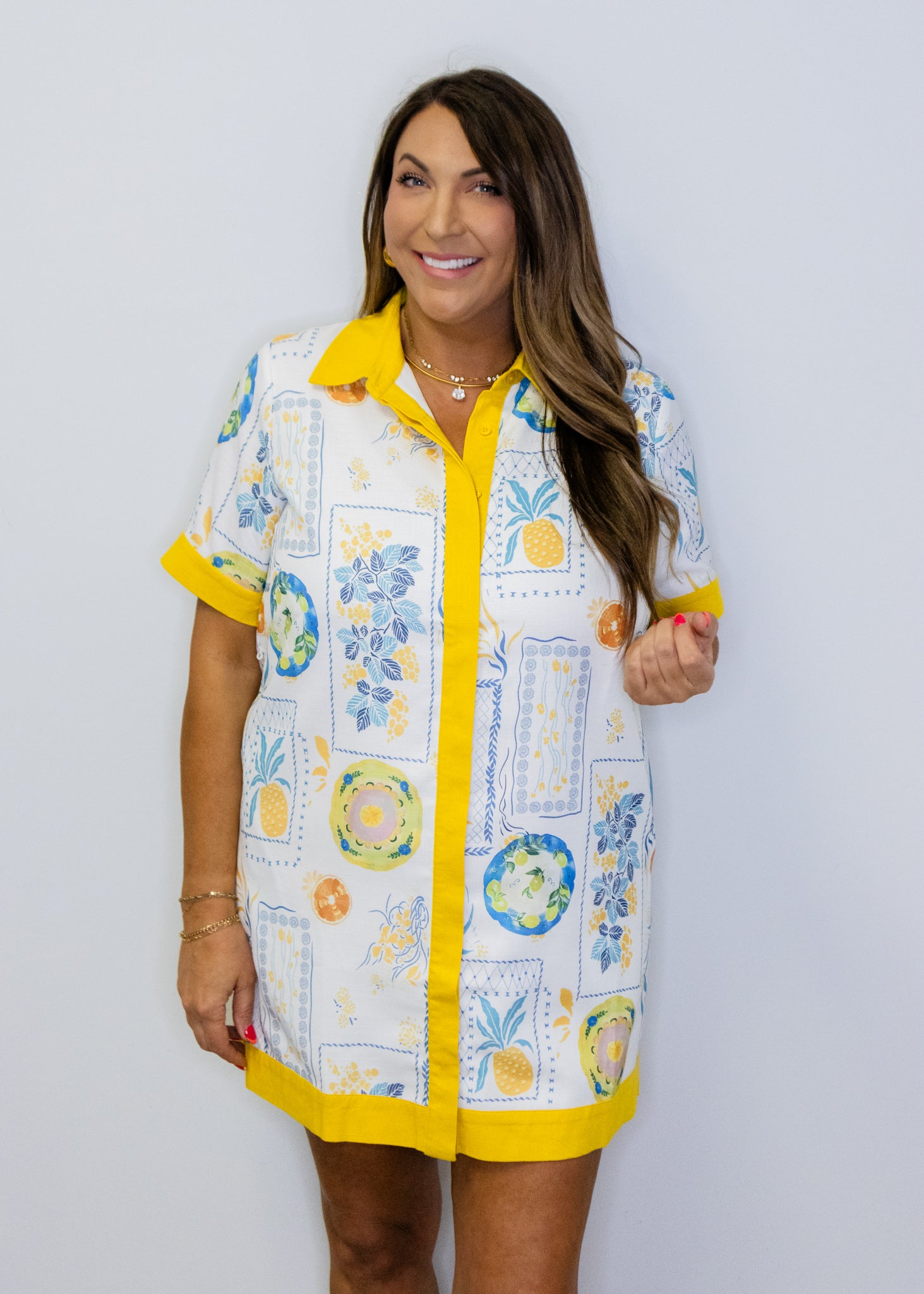 Yellow Botanical Contrast Linen Dress