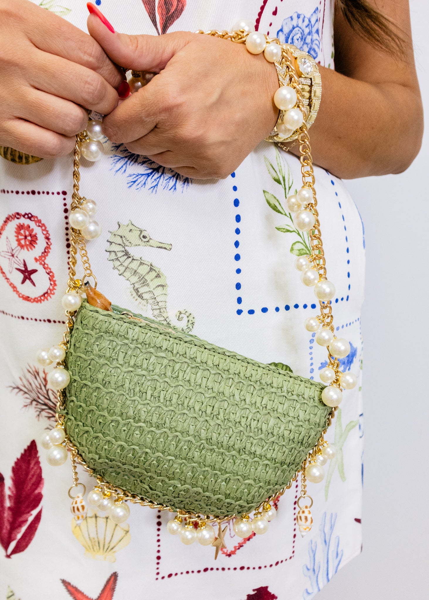 Seashell Pearl Straw Handbag
